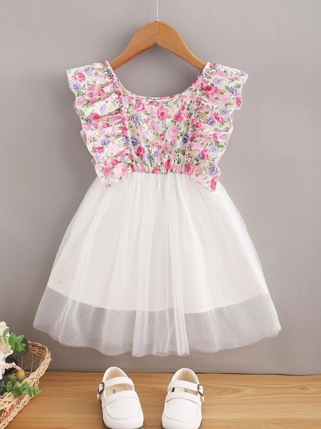 BAESD Kids Floral Round Neck Flutter Sleeves Concealed Zip Cotton Fit and Flare Dress