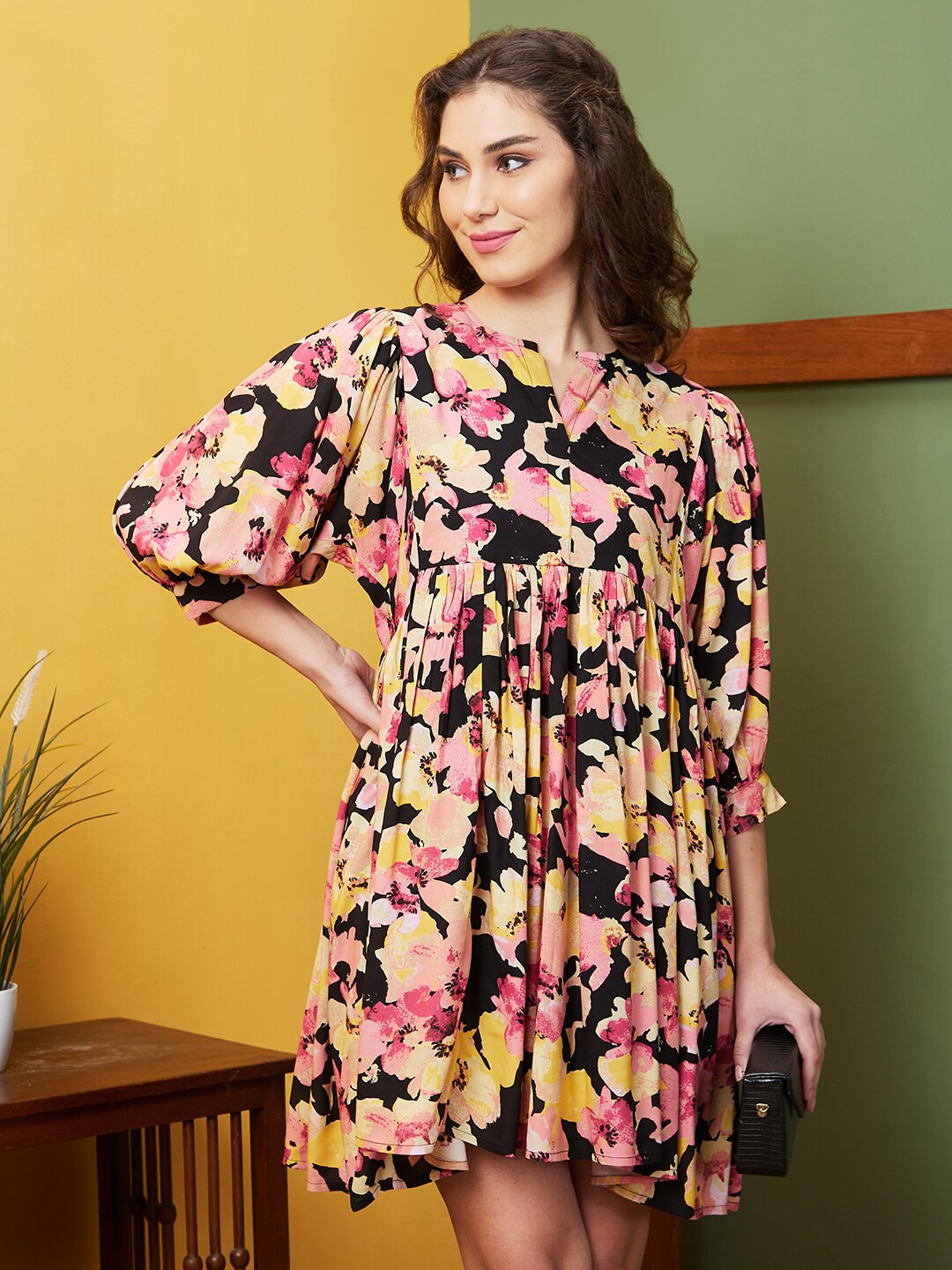 Globus Floral Printed Round Neck Three-Quarter A-line Dress