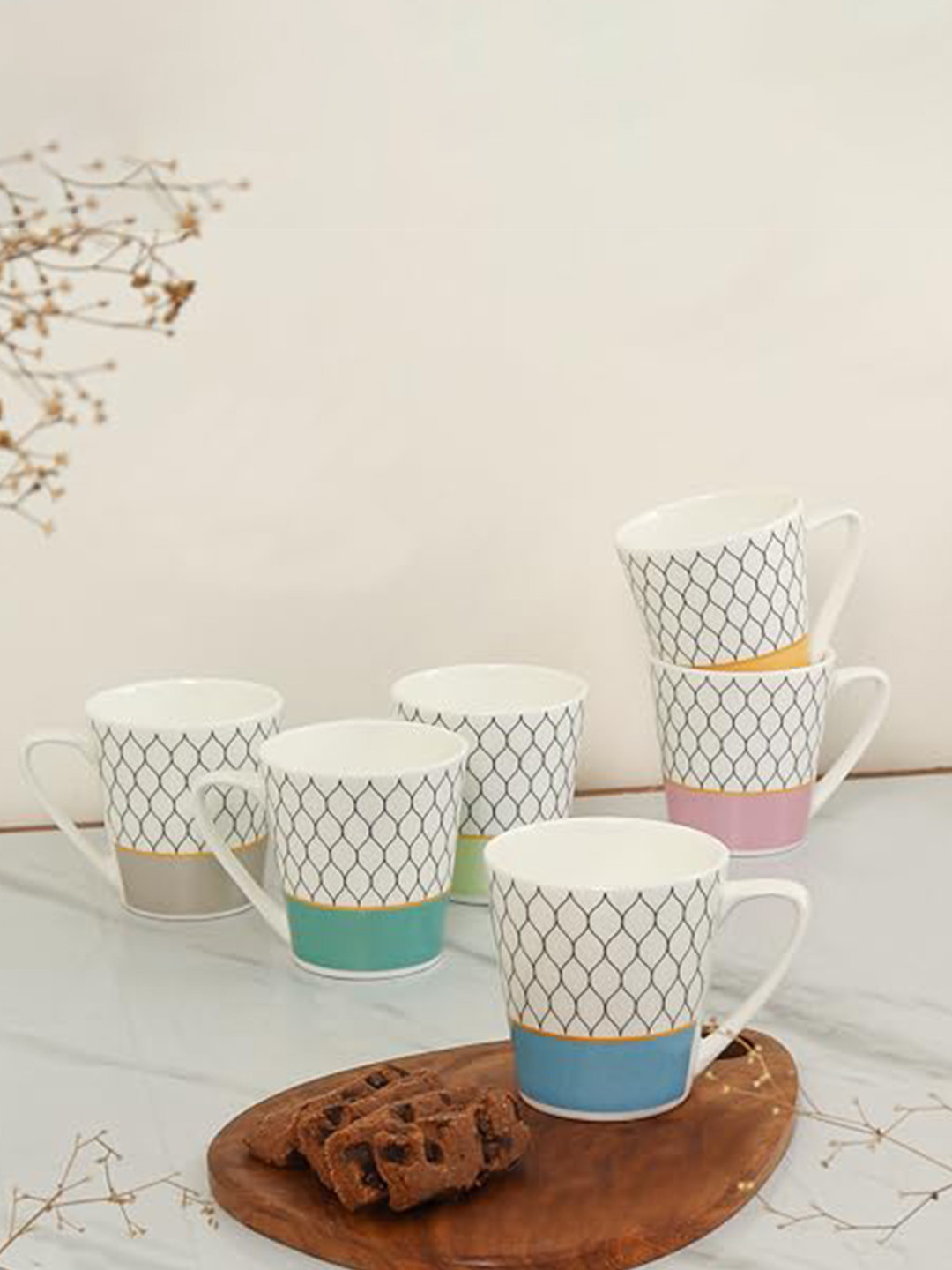 Femora Tea Series White Geometric Ceramic Handcrafted 6 Piece Cups-160ml
