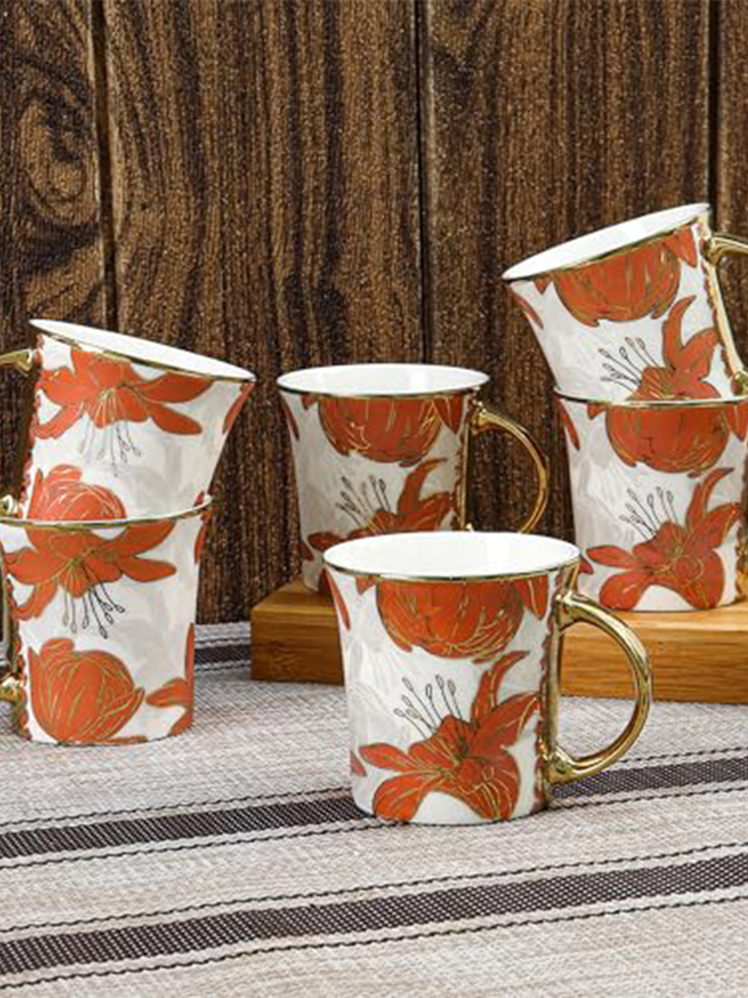 Femora White & Orange 6 Pieces Printed Bone China Glossy Cups and Mugs