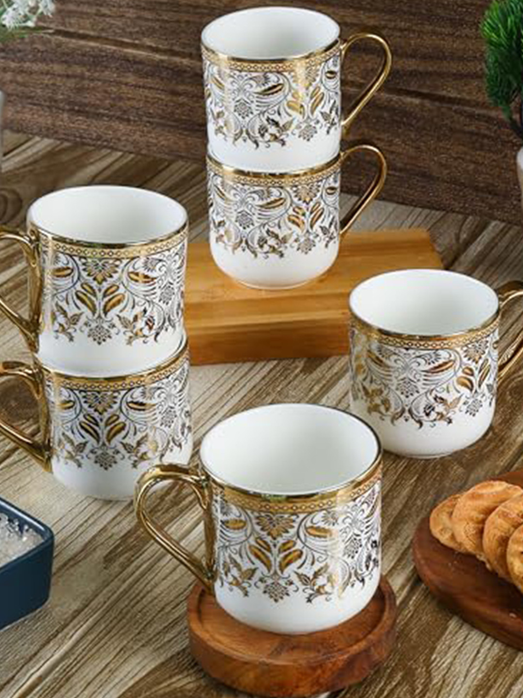 Femora Gold Toned 6 Pieces Ethnic Motifs Printed Ceramic Glossy Cups 180 ml