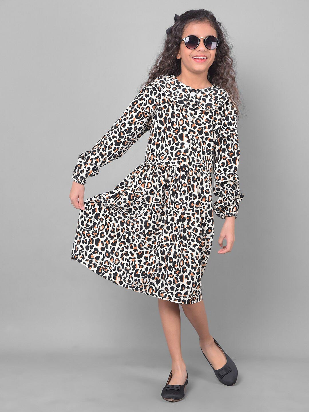 Crimsoune Club Kids-Girls Animal Print Cotton Round Neck Mini Dress