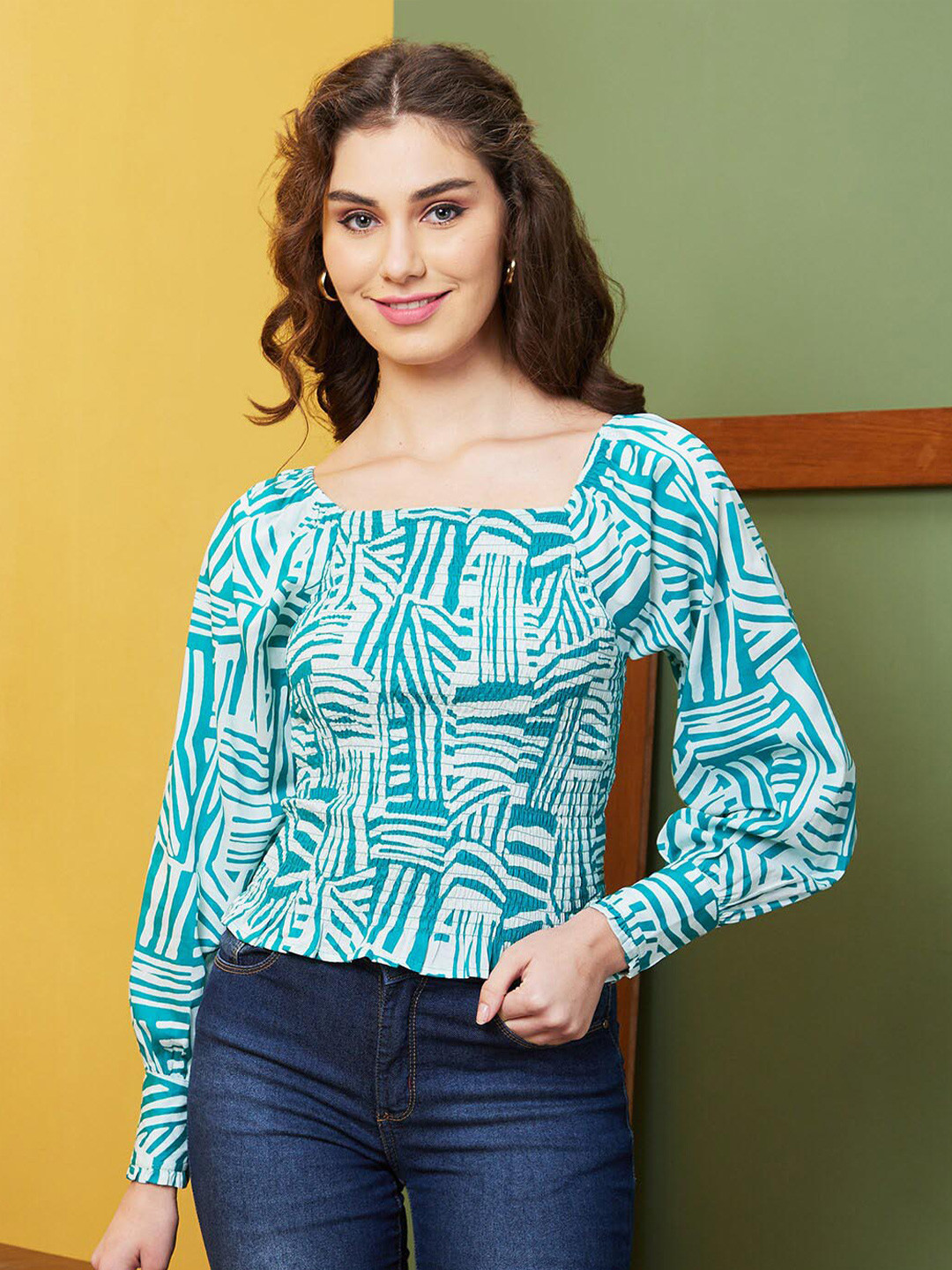 Globus Green & White Geometric Printed Square Neck Cotton Casual Top