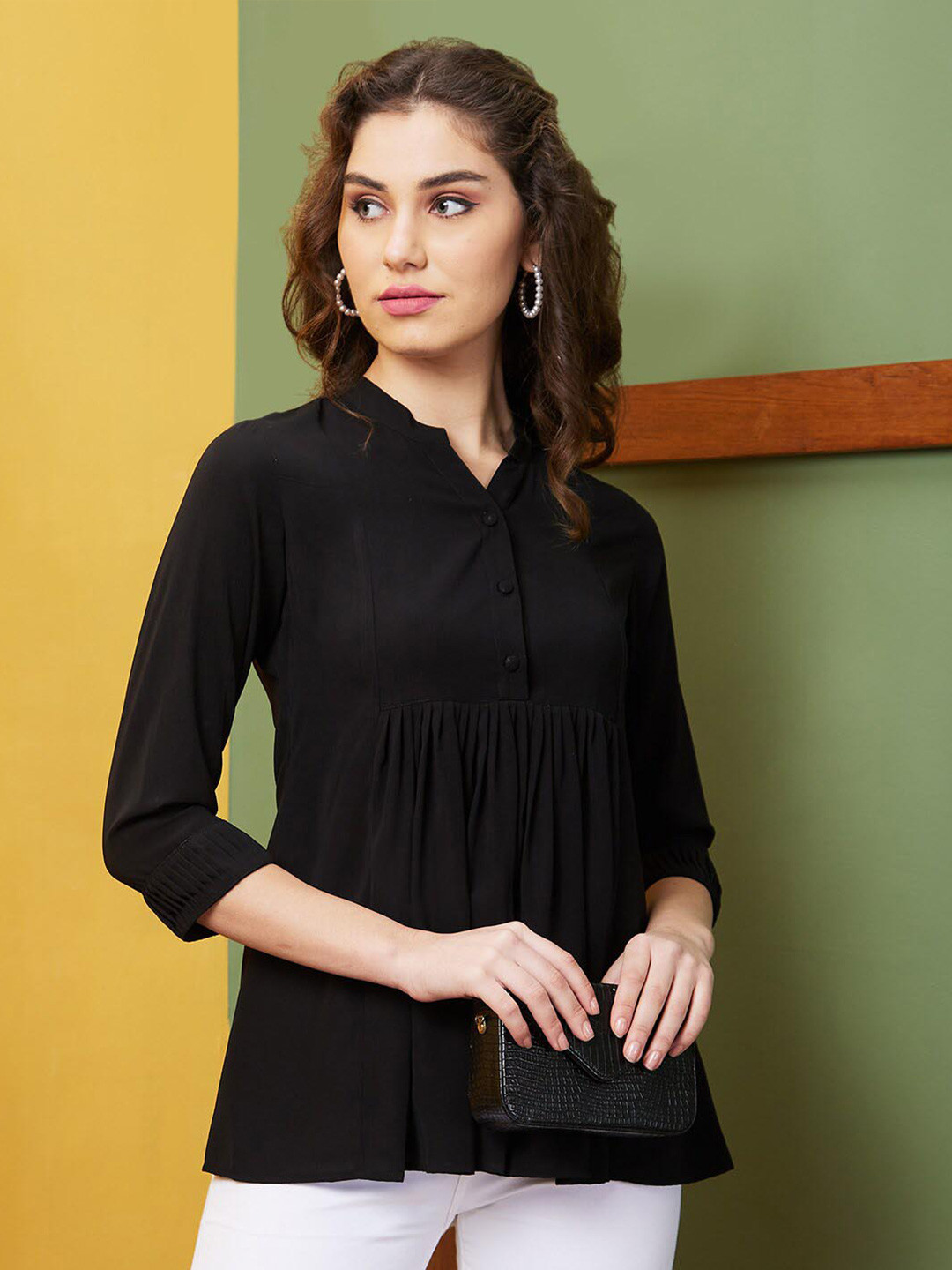 Globus Black Mandarin Collar Gathered or Pleated Opaque Casual Top