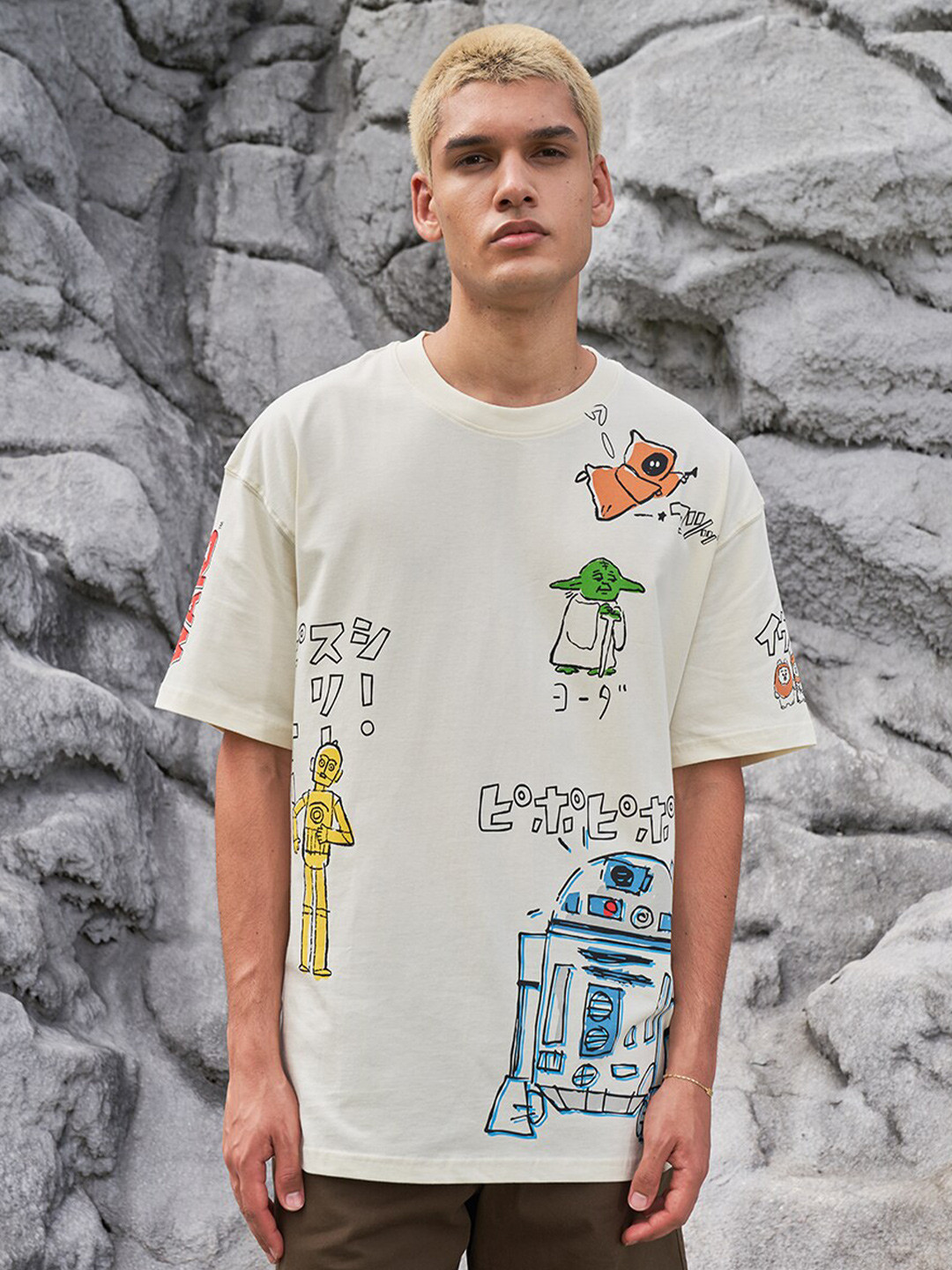 Bonkers Corner Cream Coloured Star Wars Sketch Printed Longline Cotton Oversized T-shirt