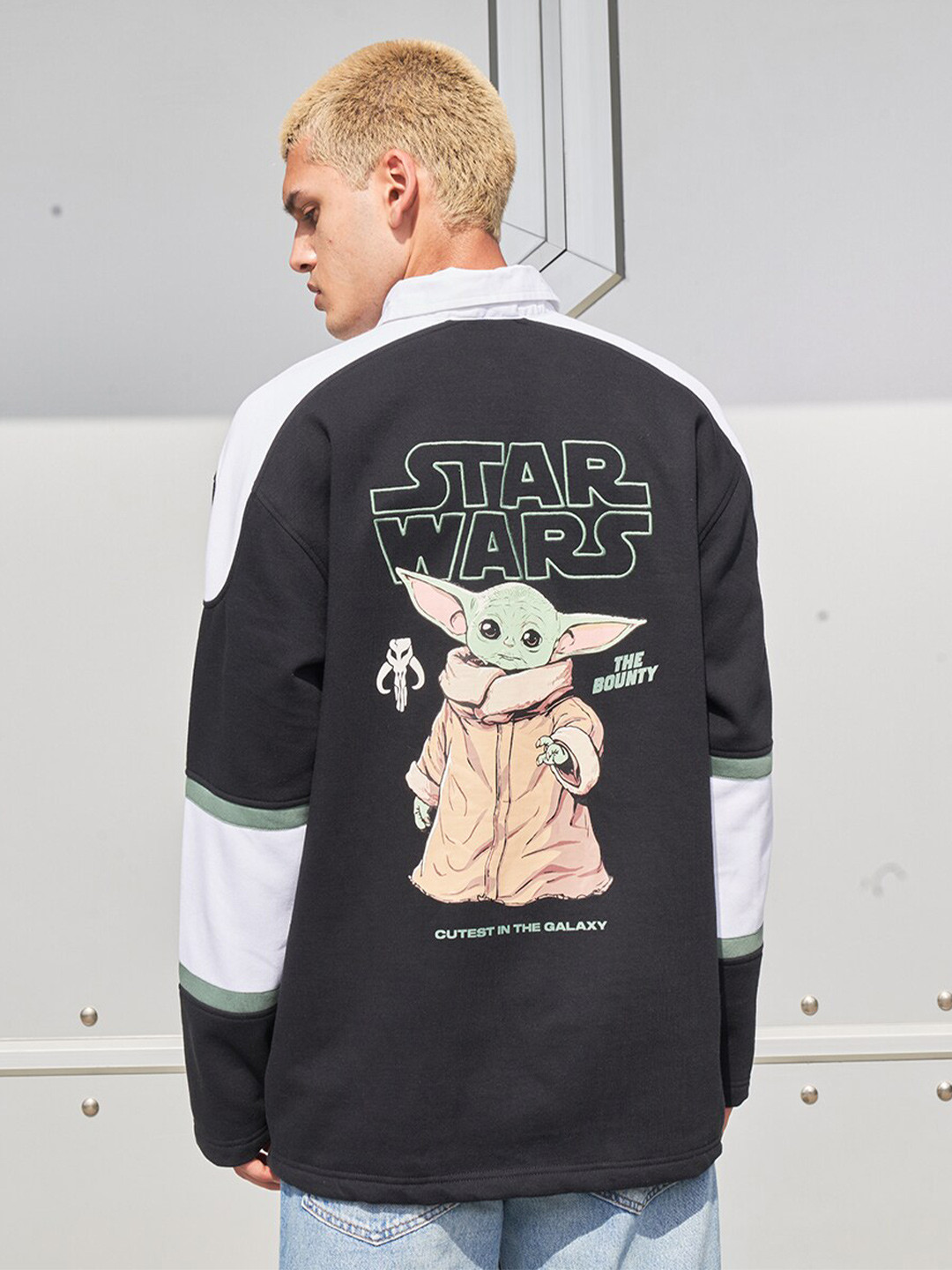 Bonkers Corner Black Star Wars Printed Polo Collar Longline Cotton Oversized T-shirt