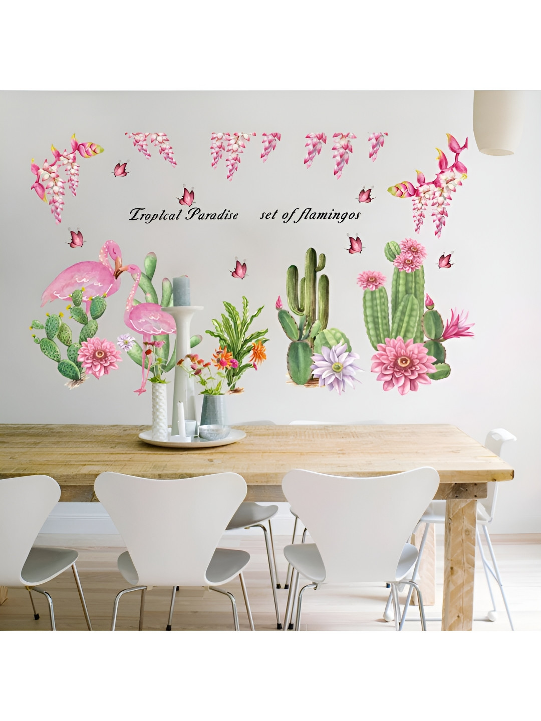 Jaamso Royals Pink & Green Flamingo Cactus Flowers Printed Self Adhesive Wall Sticker