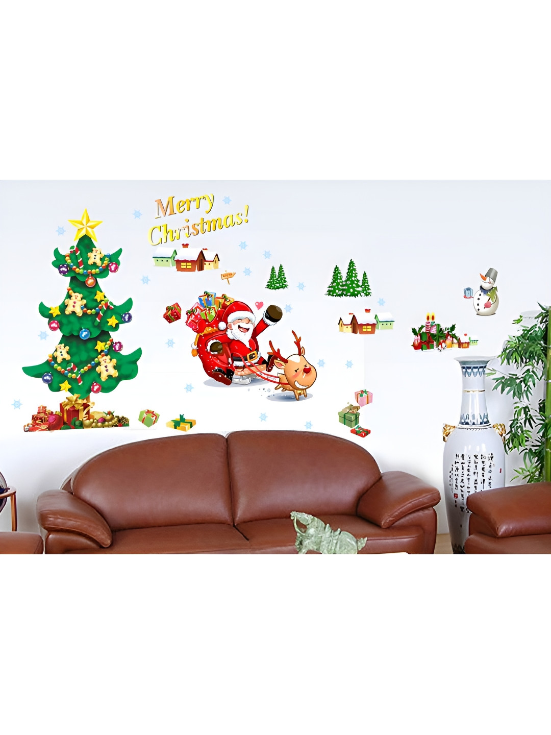 Jaamso Royals Green & Red Christmas Theme Printed Self-Adhesive Wall Sticker