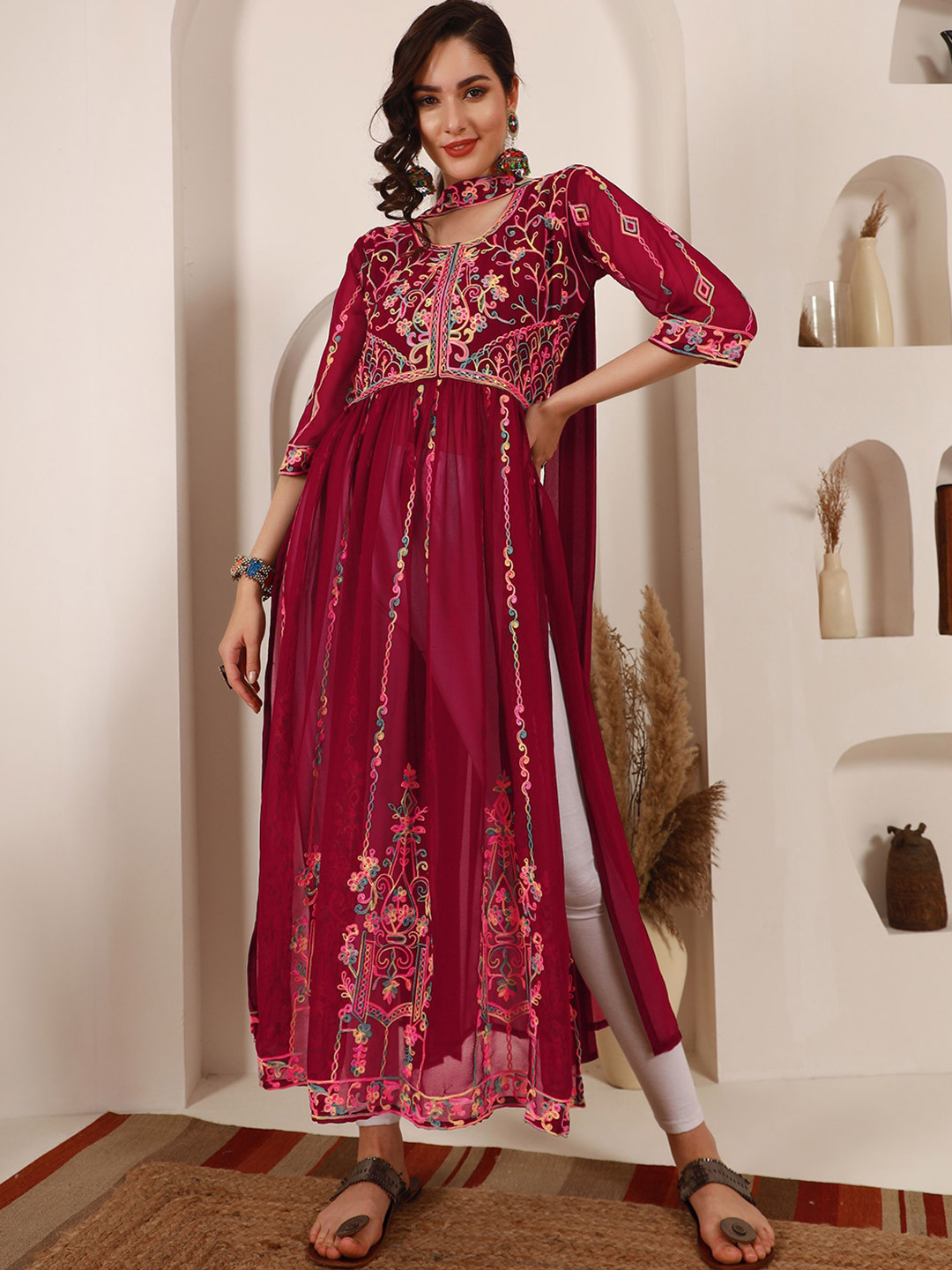 Sangria Embroidered Naira Cut Kurta with Dupatta