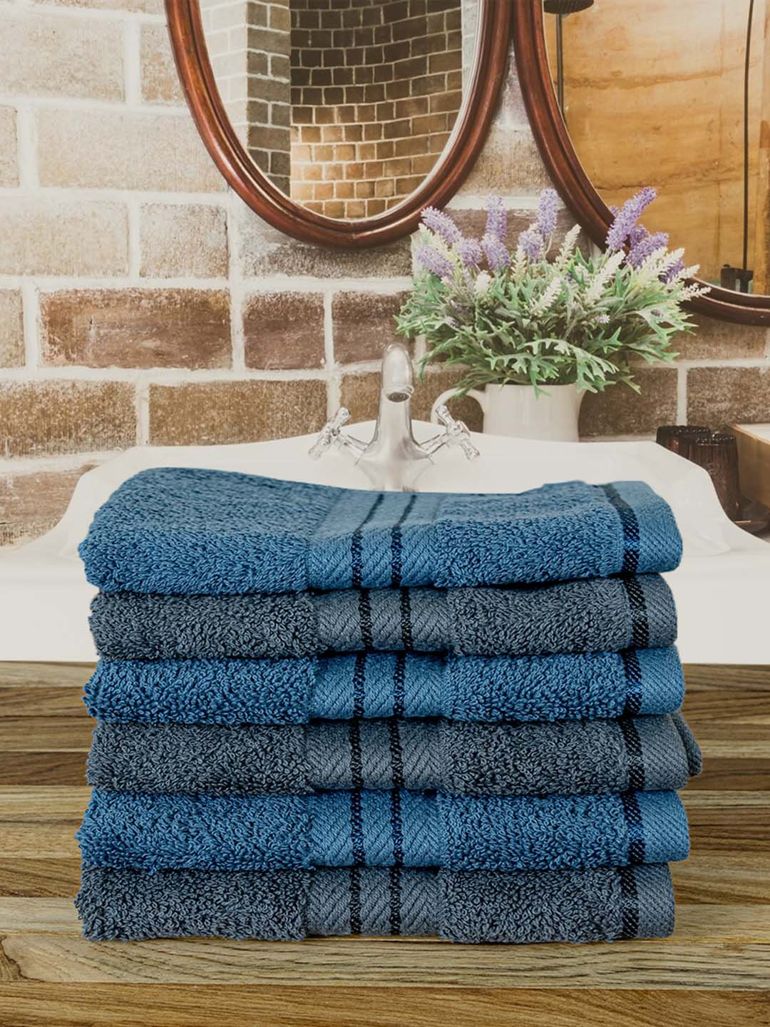 Aura Blue & Grey 6 Pieces Cotton 600 GSM Ultra Soft & Highly Absorbent Face Towels