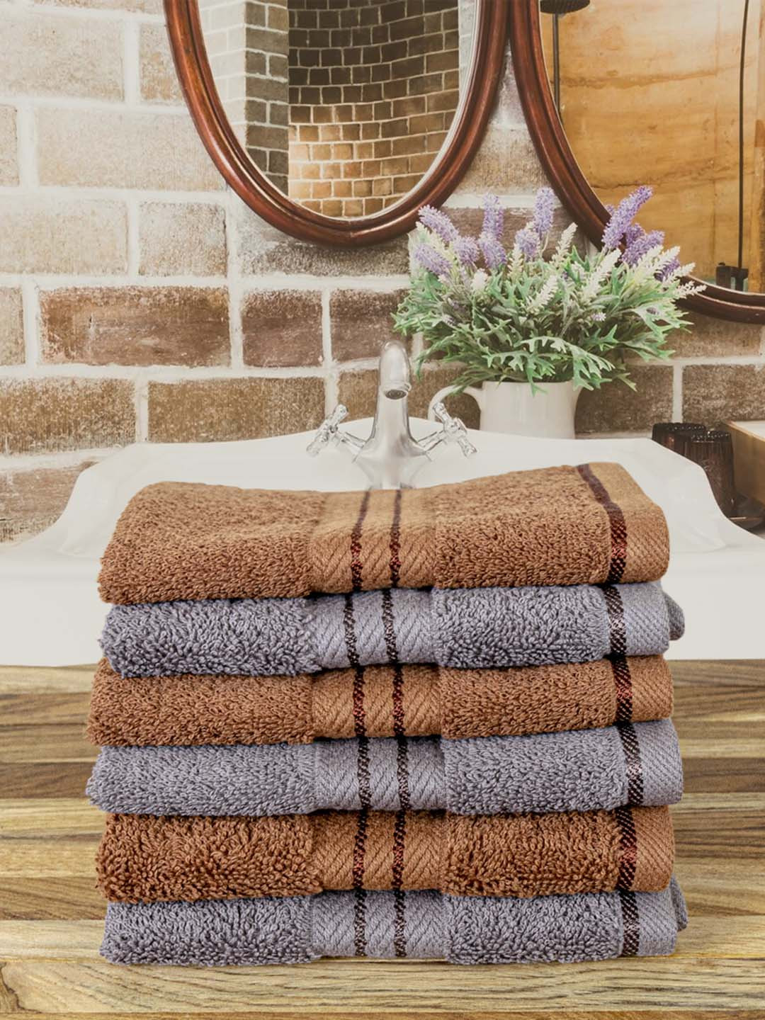 Aura Charcoal & Brown 6 Pieces Cotton 600 GSM Ultra Soft & Highly Absorbent Face Towels