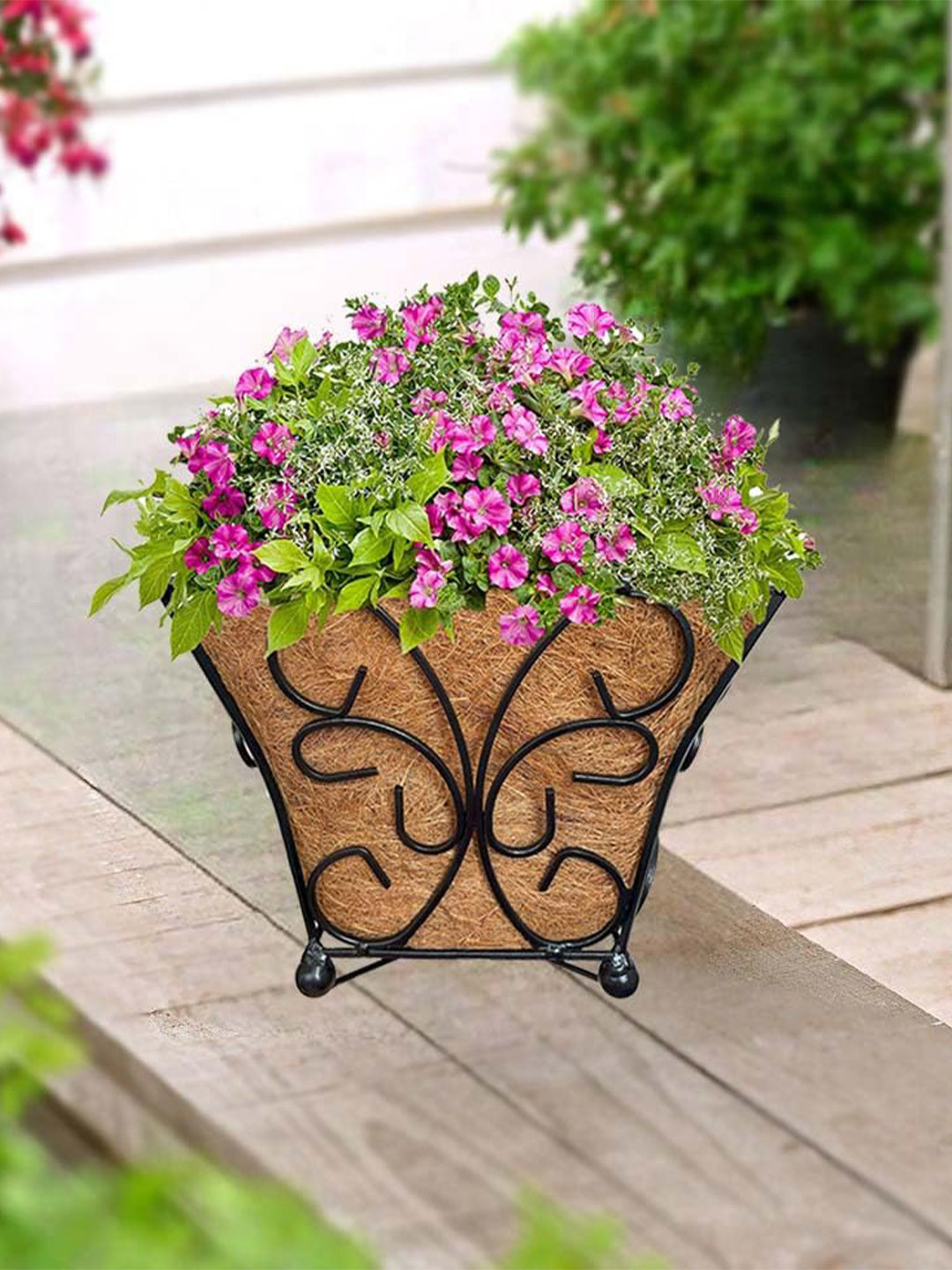Garden Deco 4 Pieces Brown & Black Floor Planters With Detachable Metal Stand