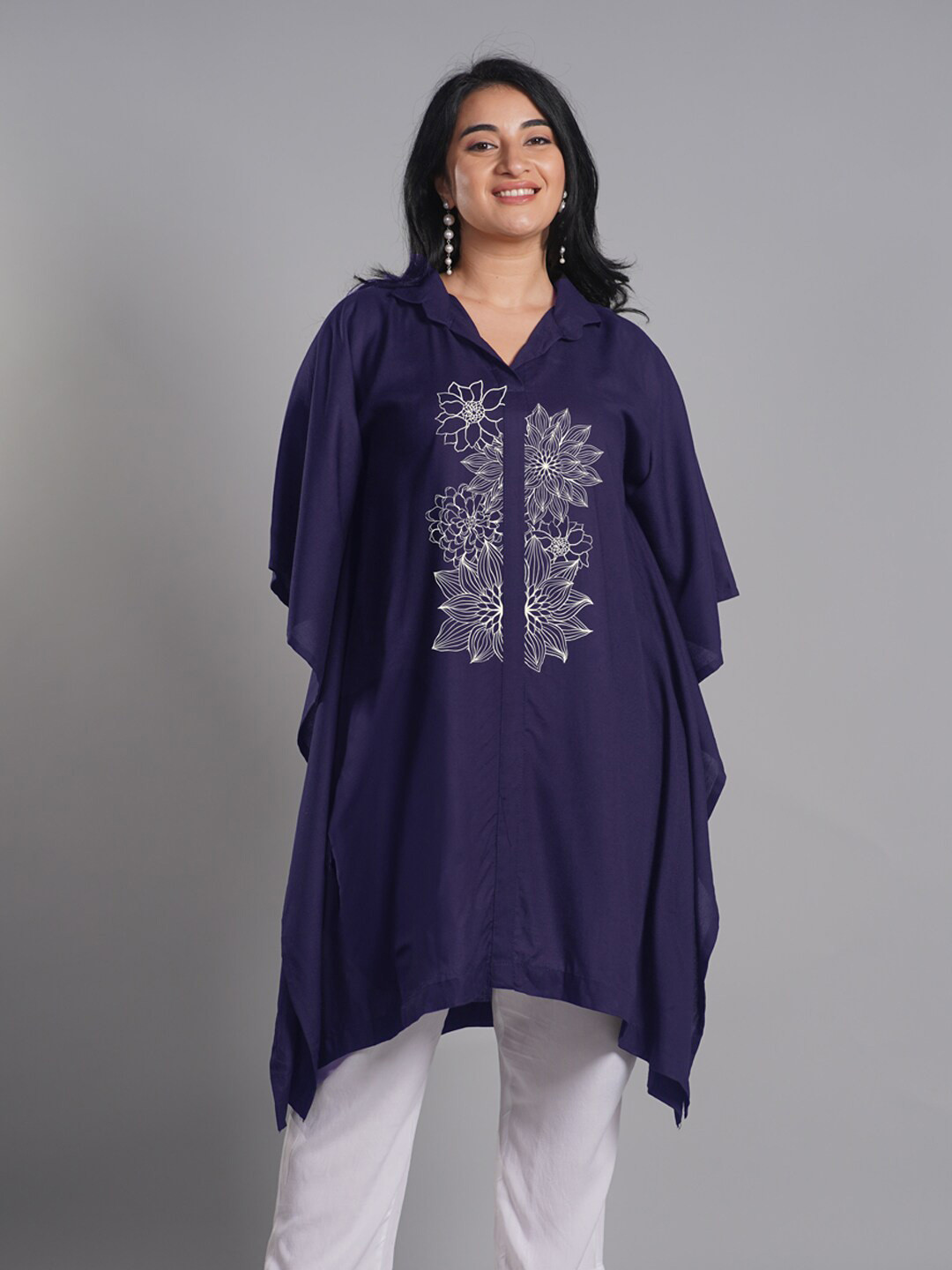 LetsDressUp Floral Shirt Collar Yoke Design Flared Sleeves Kaftan Kurta