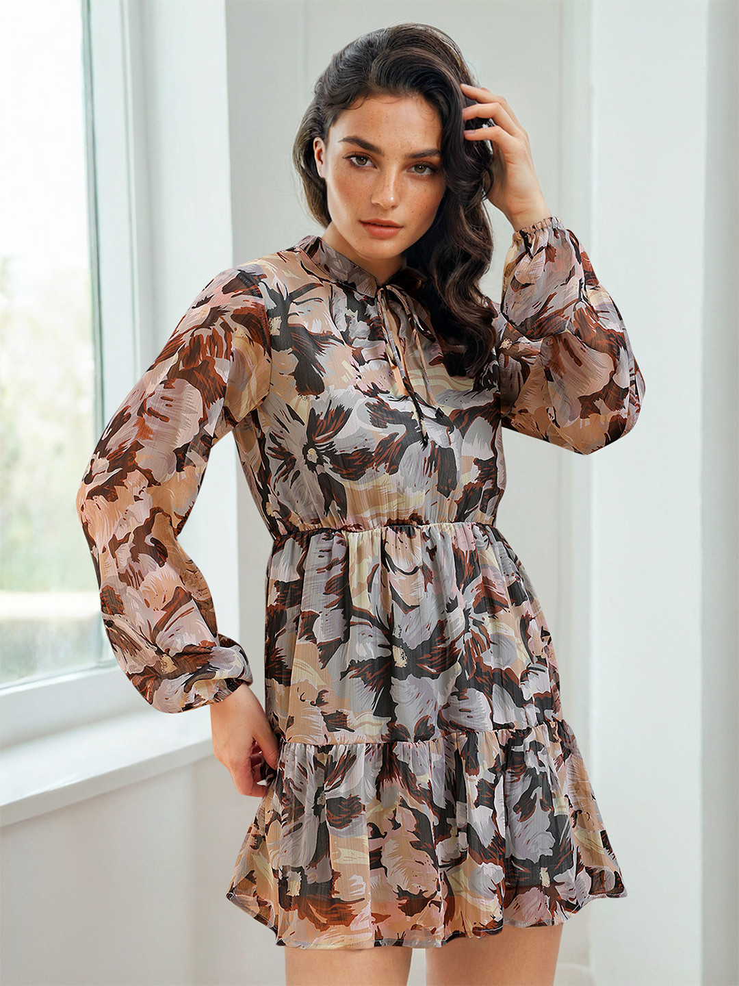 Freehand by The Indian Garage Co Floral Print Opaque Keyhole Neck Fit & Flare Midi Dress