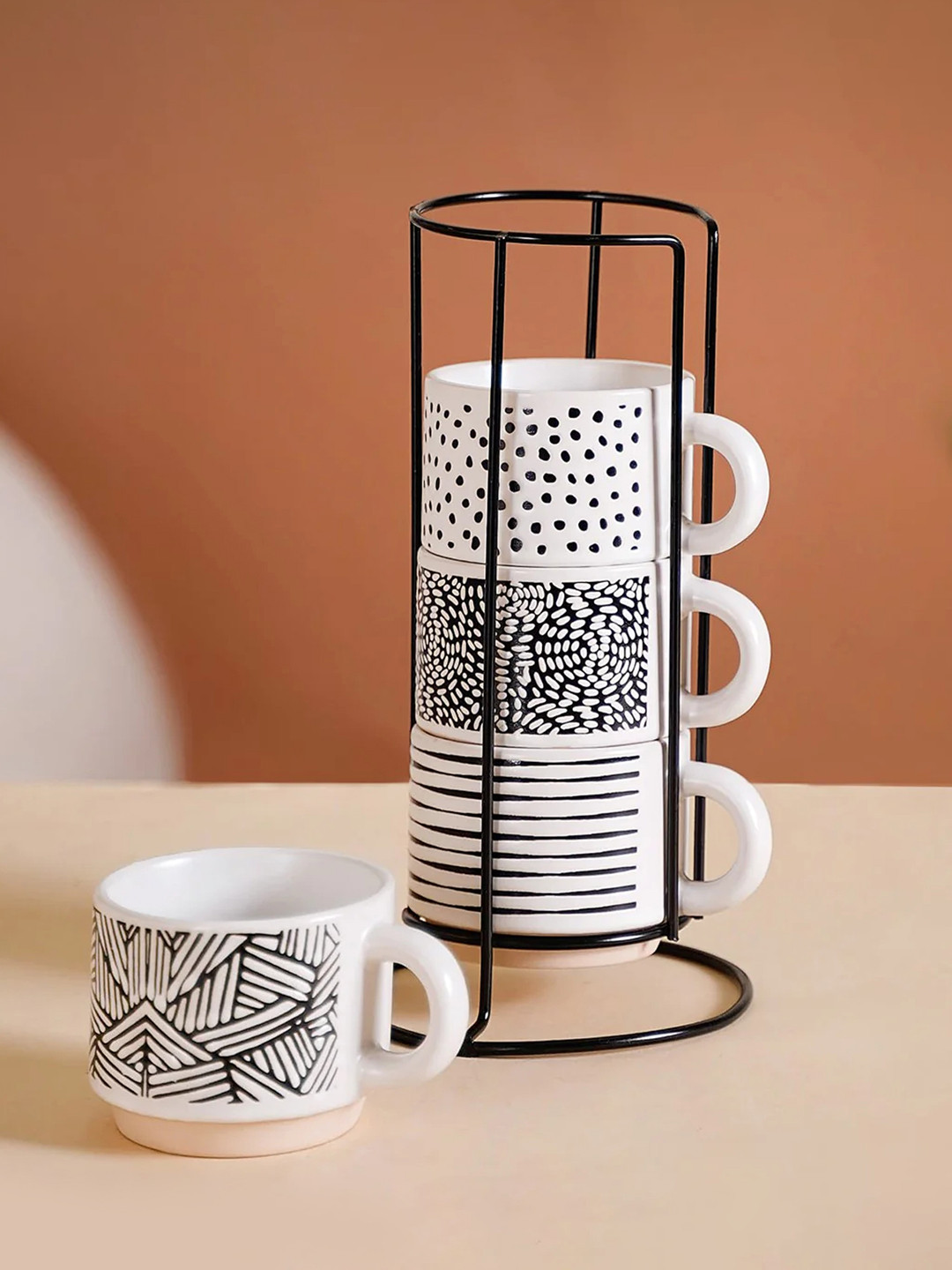 Nestasia 8th March Happy Womens Day White Geometric Ceramic Microwave Safe 4 Piece Cup with Stand-180ml