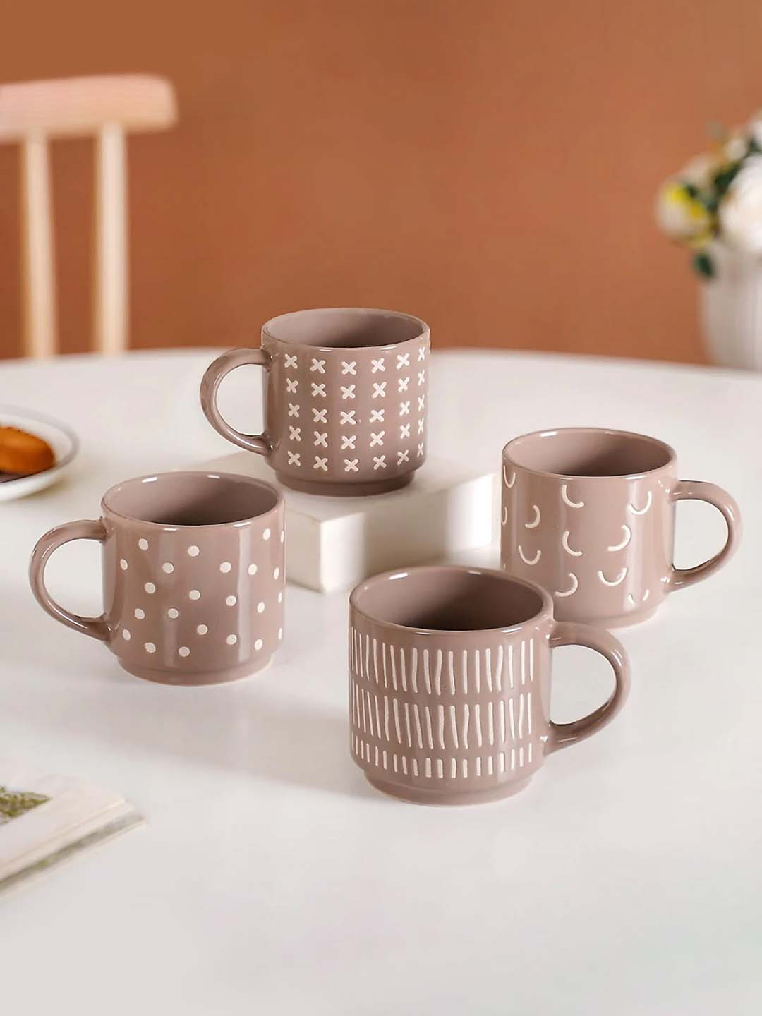 Nestasia No One Can Be Like You, My Dearest Sister Beige Geometric Ceramic Microwave Safe 4 Piece Cups-220ml