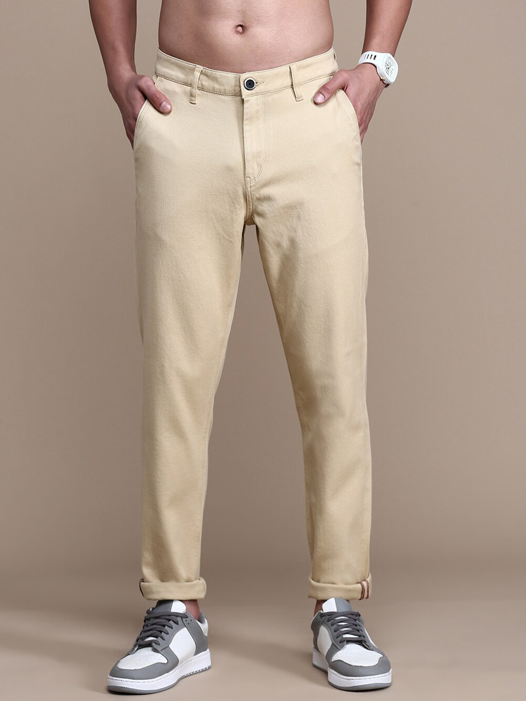The Roadster Lifestyle Co. Men Khaki Relaxed Slim Fit Mid-Rise Easy Wash Chinos Trousers