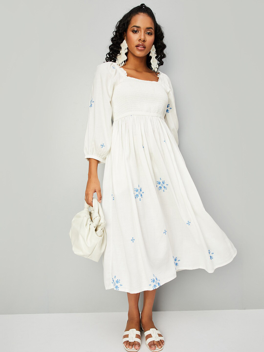 max Ethnic Motifs Embroidered Bishop Sleeves Fit and Flare Midi Dress