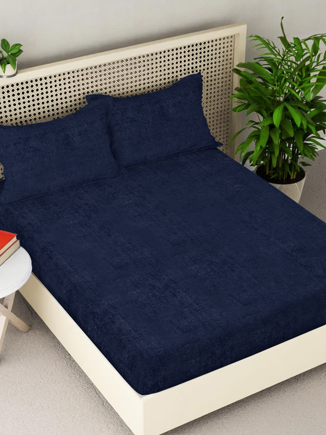 FABINALIV Navy Blue Wool 300 TC King Fine Bedsheet with 2 Pillow Covers-98 x 89 inches