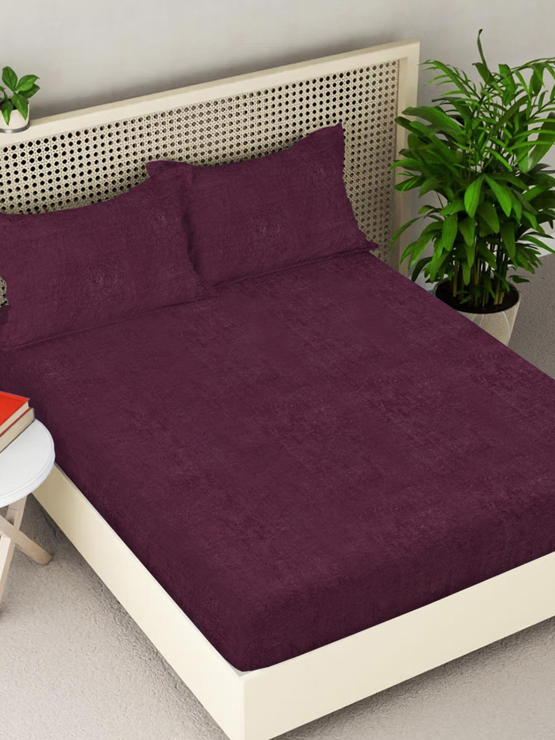 FABINALIV Burgundy Solid Wool 300 TC King Fine Bedsheet with 2 Pillow Covers-20 x 20 x 5 cm