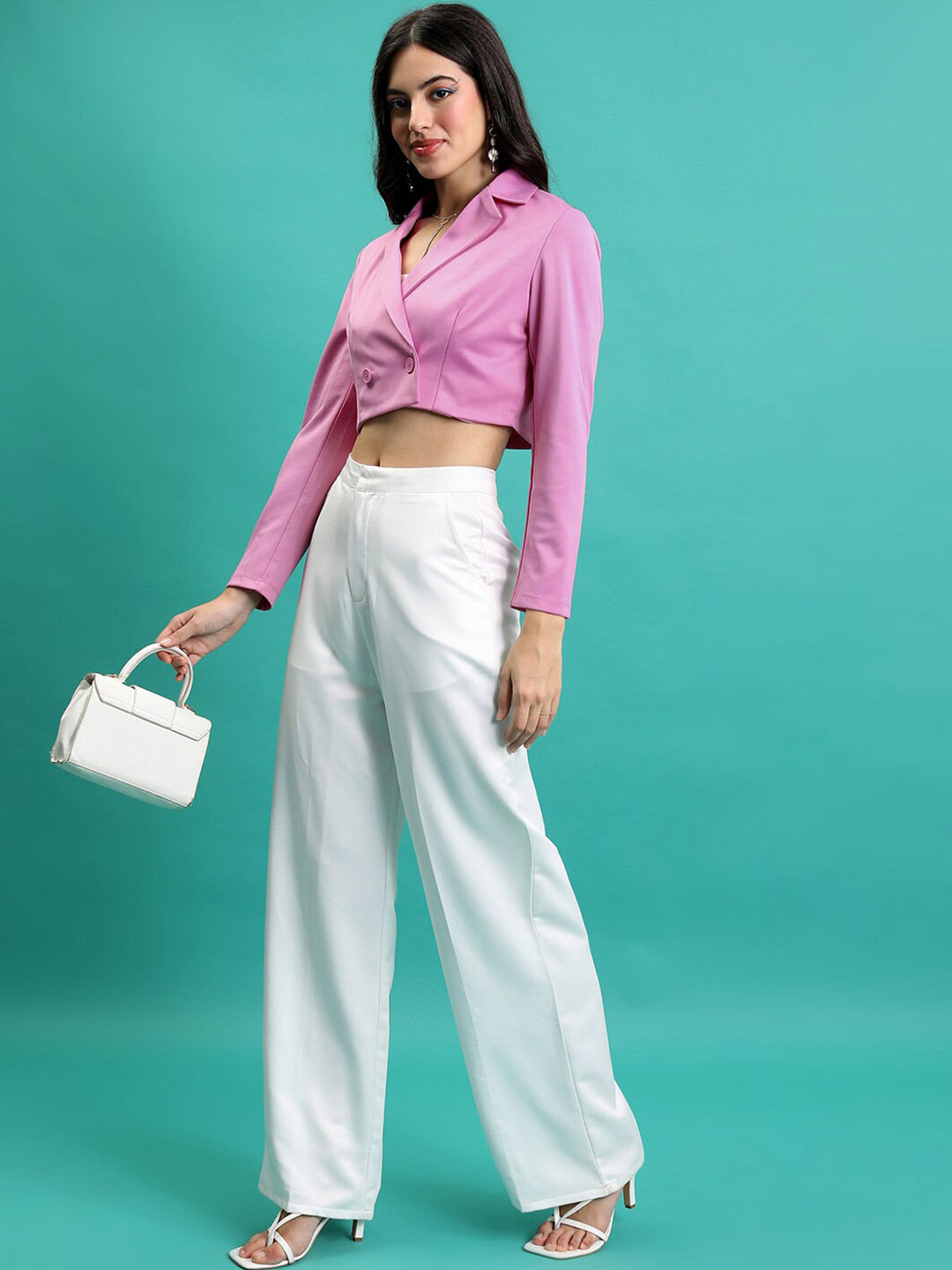 CHIC BY TOKYO TALKIES Pink Double-Breasted Cropped Blazer