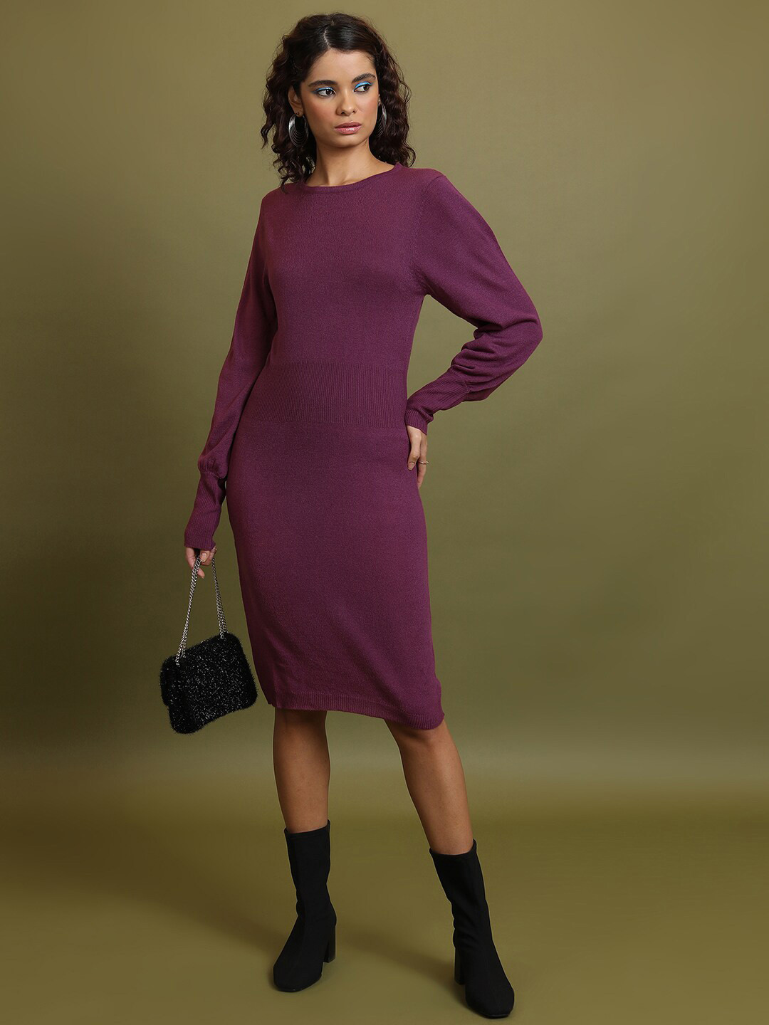 Tokyo Talkies Purple Lantern Sleeves Bodycon Dress