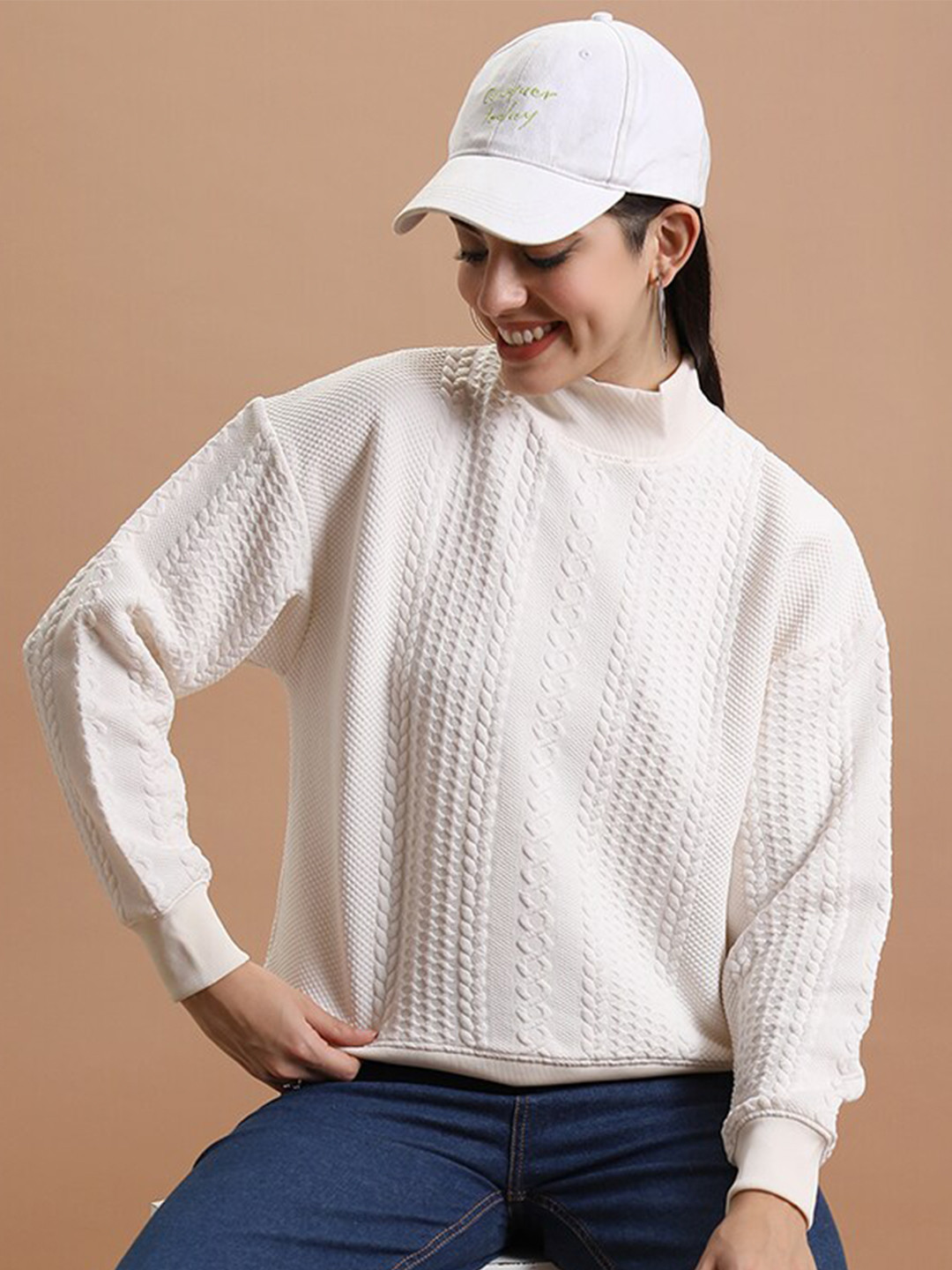 Tokyo Talkies White Self Design Round Neck Sweatshirt