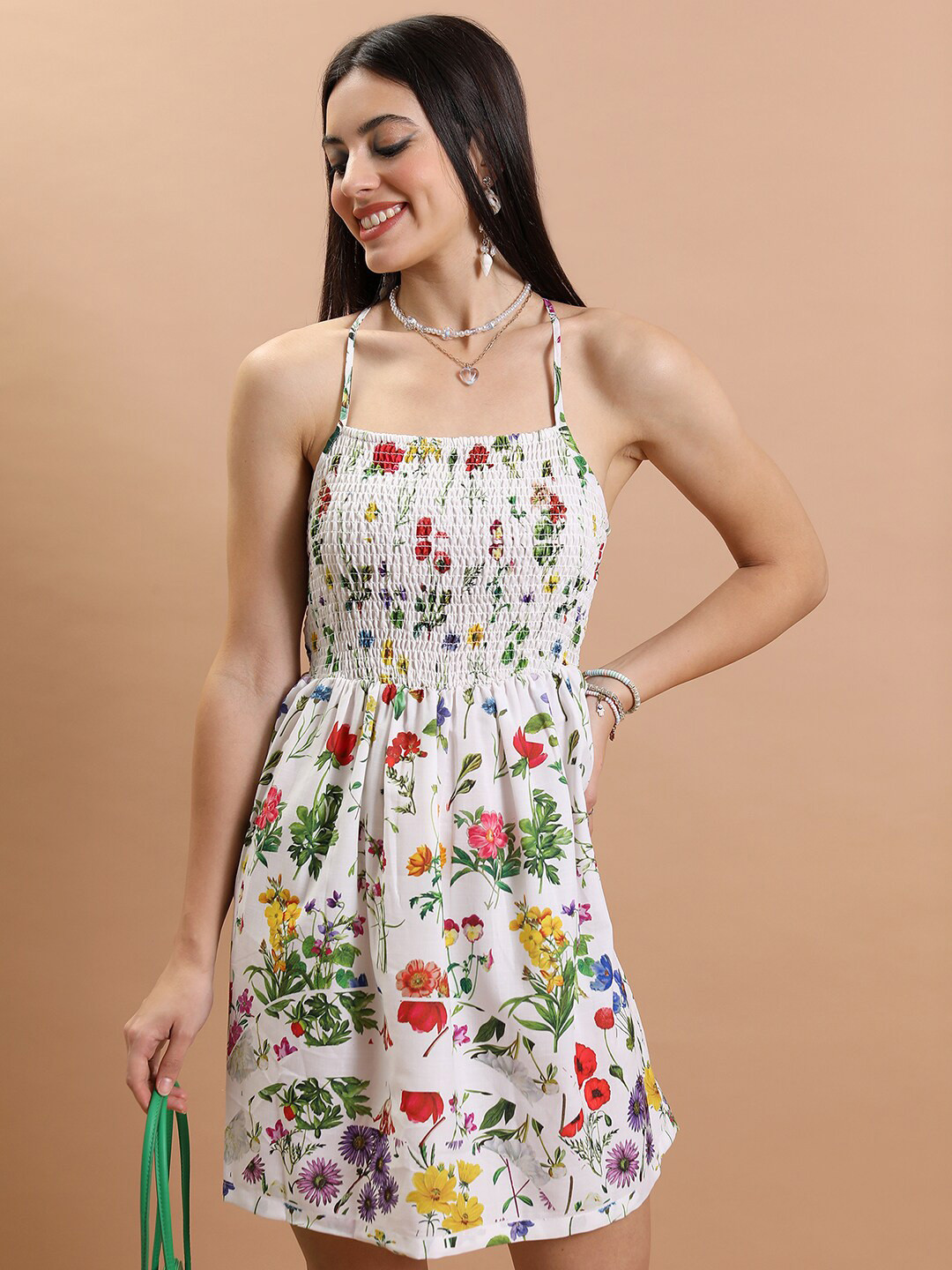 Tokyo Talkies White & Green Floral Print Fit & Flare Mini Dress