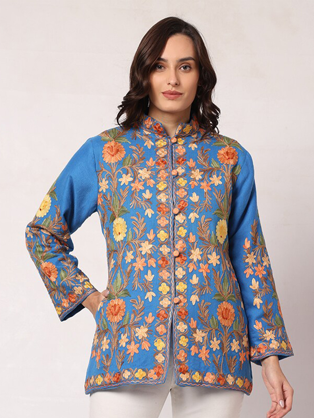 CRAFTBAZAR Embroidered Stand Collar Woollen Open Front Jacket