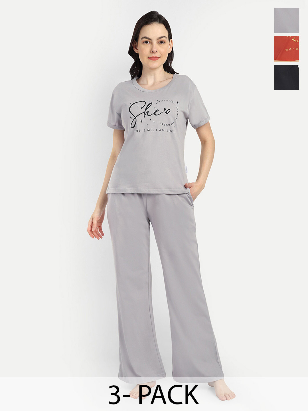 Bedtime story Pack Of 3 Typography Printed Pure Cotton T-shirt With Pyjamas