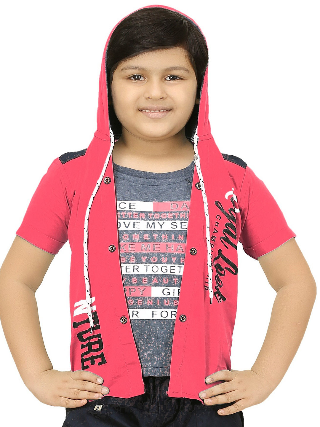 BAESD Boys Typography Printed Lightweight Hooded Open Front Jacket With Attached T-Shirt
