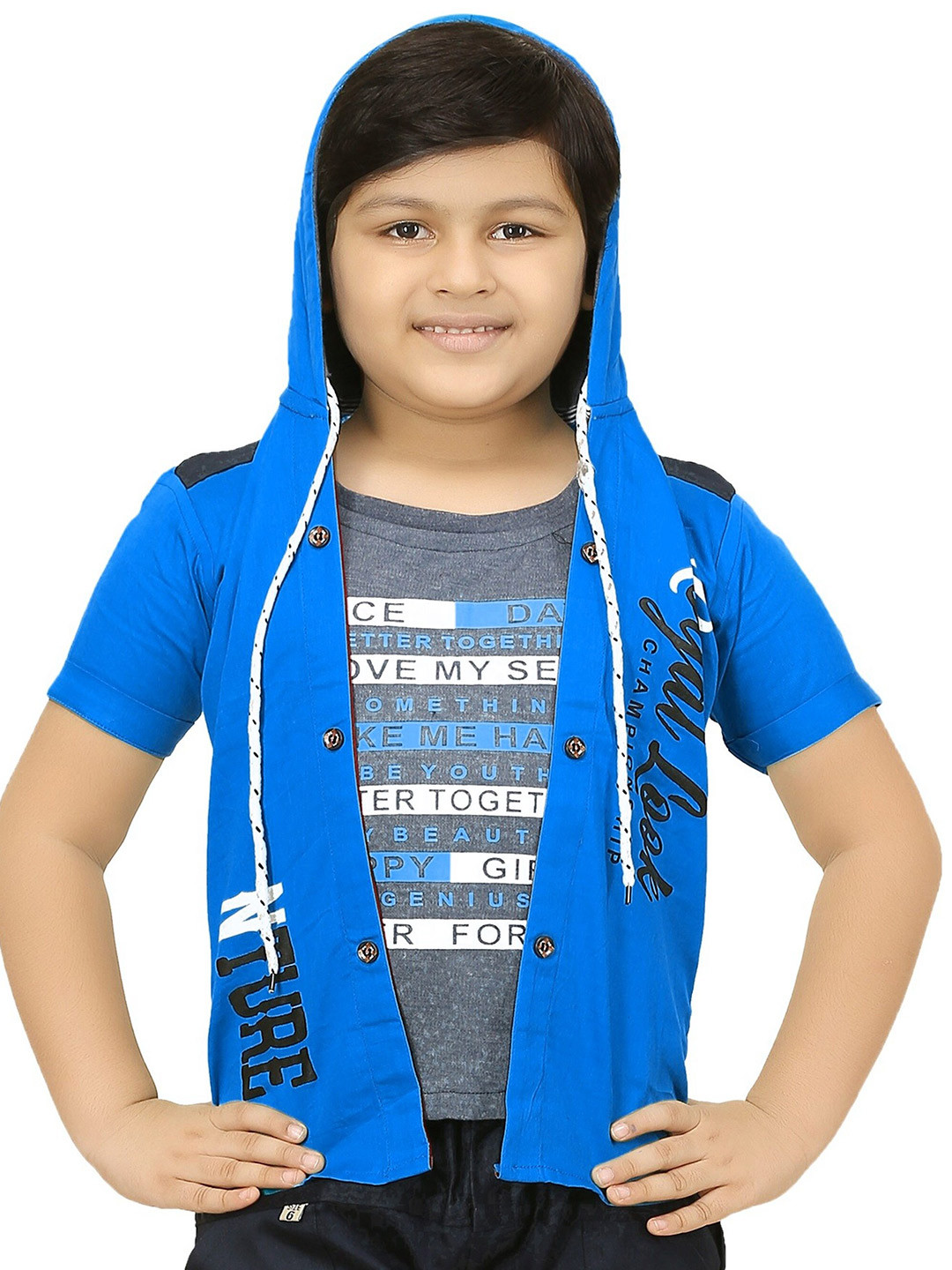 BAESD Boys Typography Printed Lightweight Hooded Open Front Jacket With Attached T-Shirt