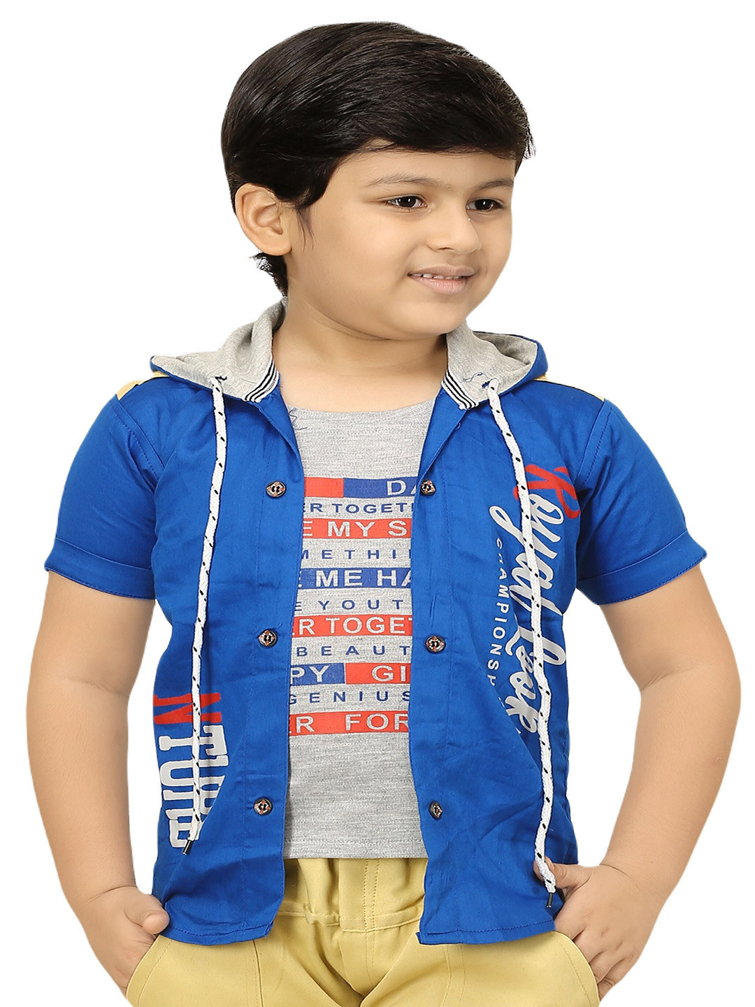 BAESD Boys Typography Printed Lightweight Hooded Open Front Jacket With Attached T-Shirt