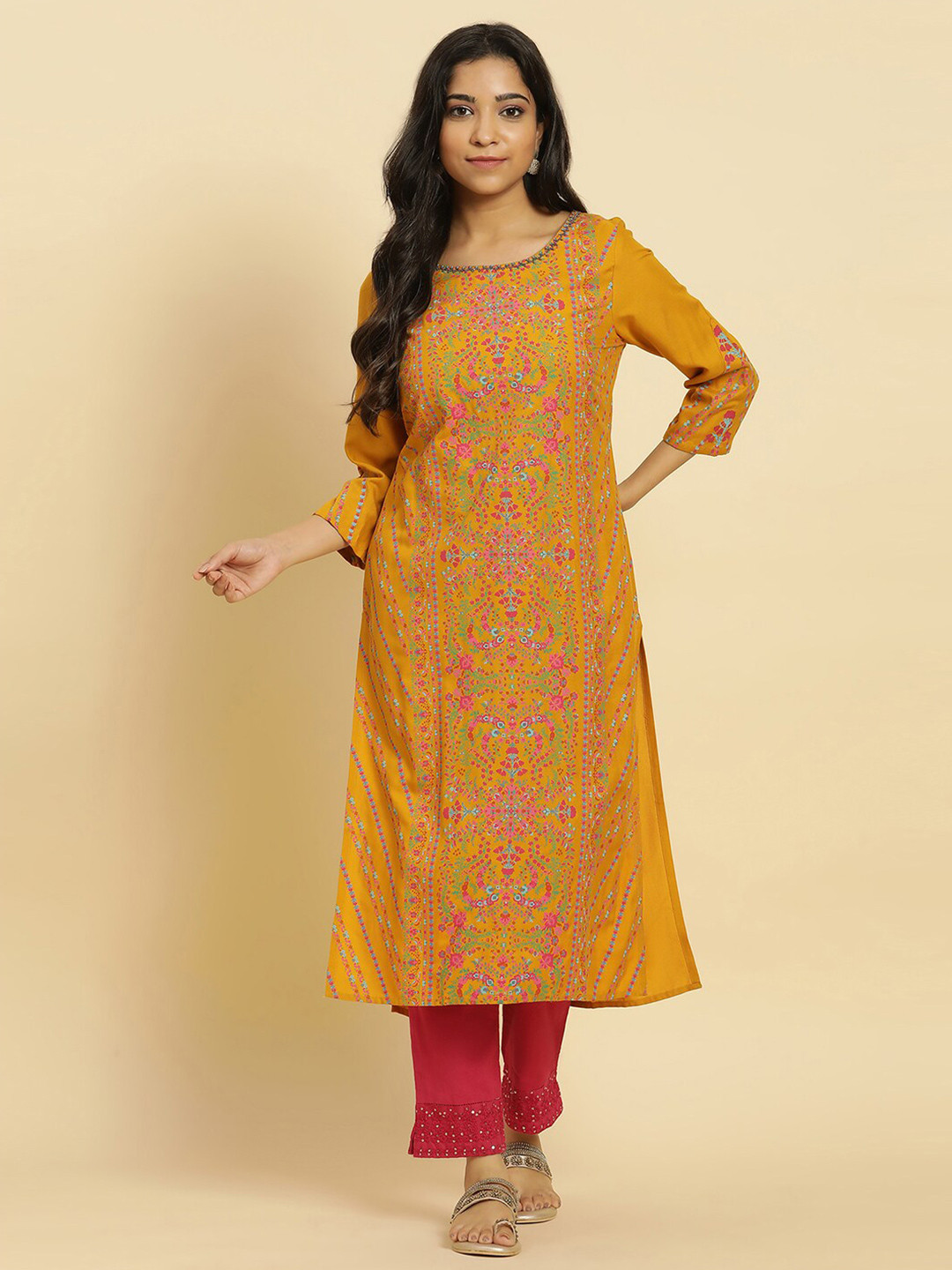 W Floral Printed Boat Neckline A-Line Kurta