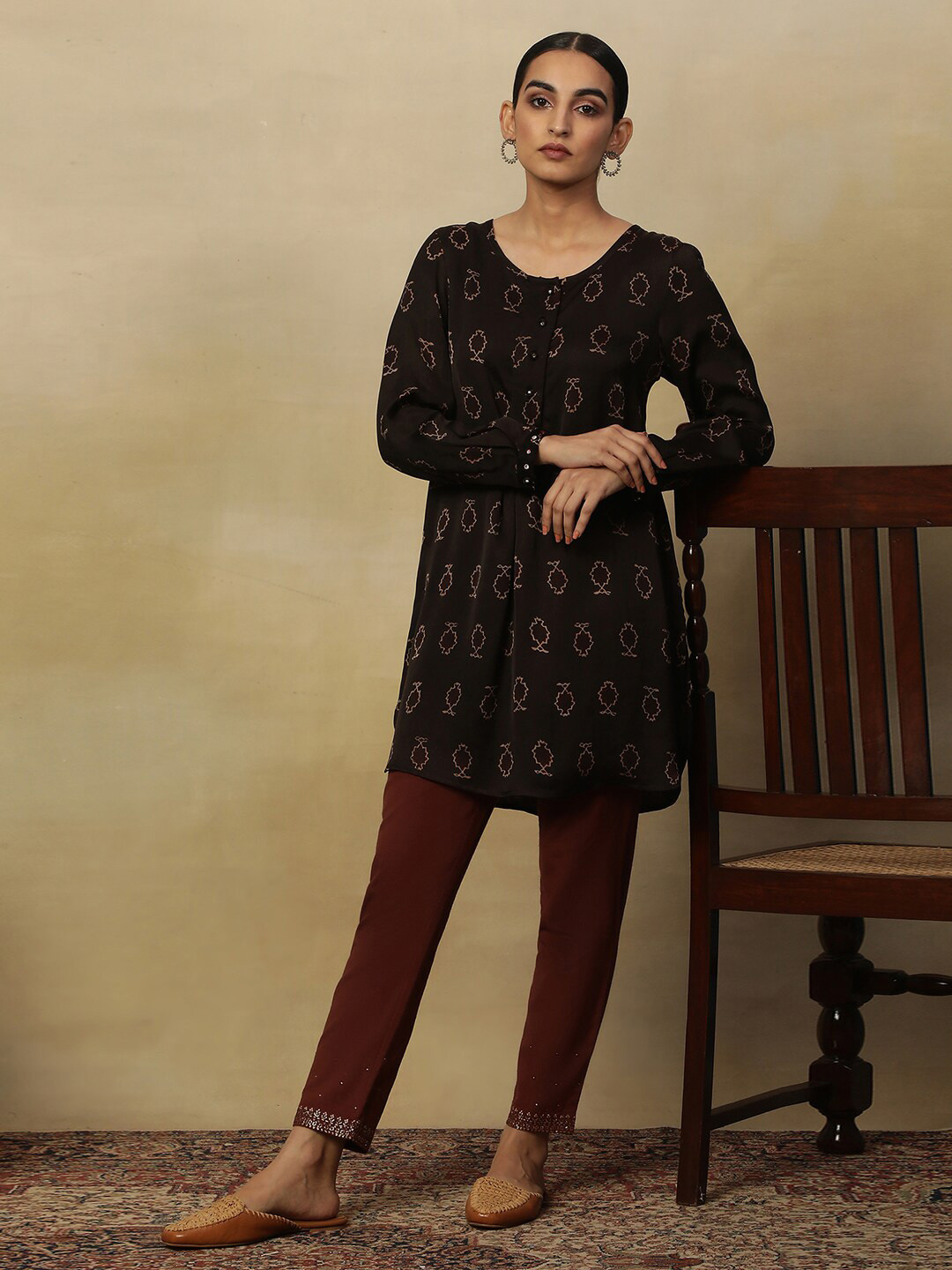 Folk Song  Black Print Round Neck Cotton Top