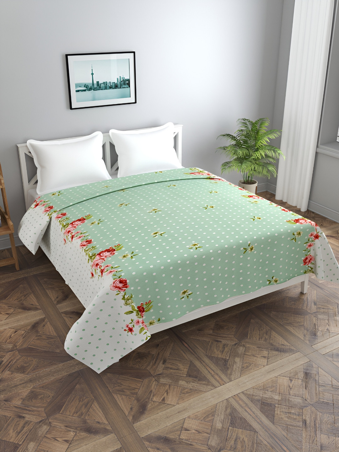 MORADO Green & White Floral Printed Cotton Durable Duvet Cover With Pillow Covers