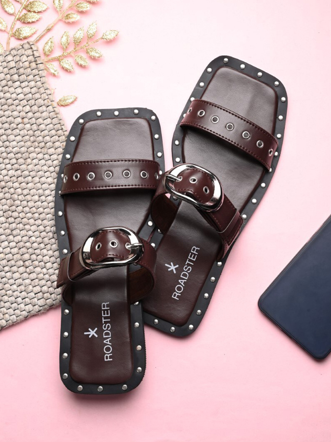 The Roadster Lifestyle Co. Brown Embellished Double Strap Open Toe Flats With Buckel