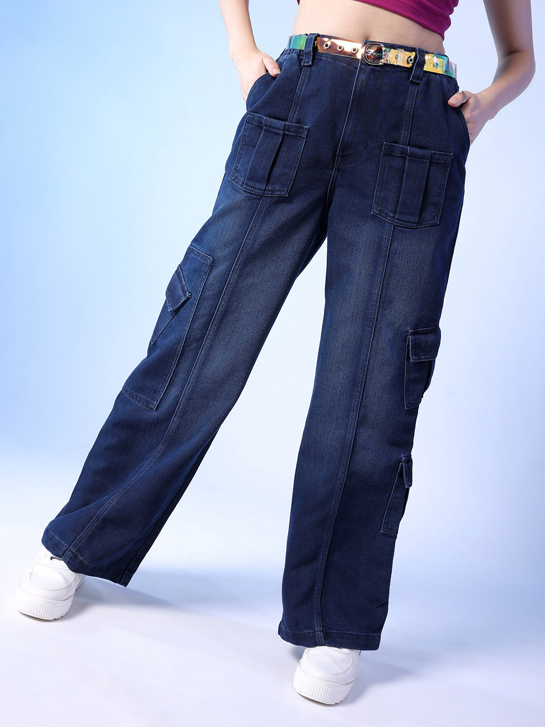 Freehand by The Indian Garage Co Women Flared High-Rise Clean Look Cargo Jeans
