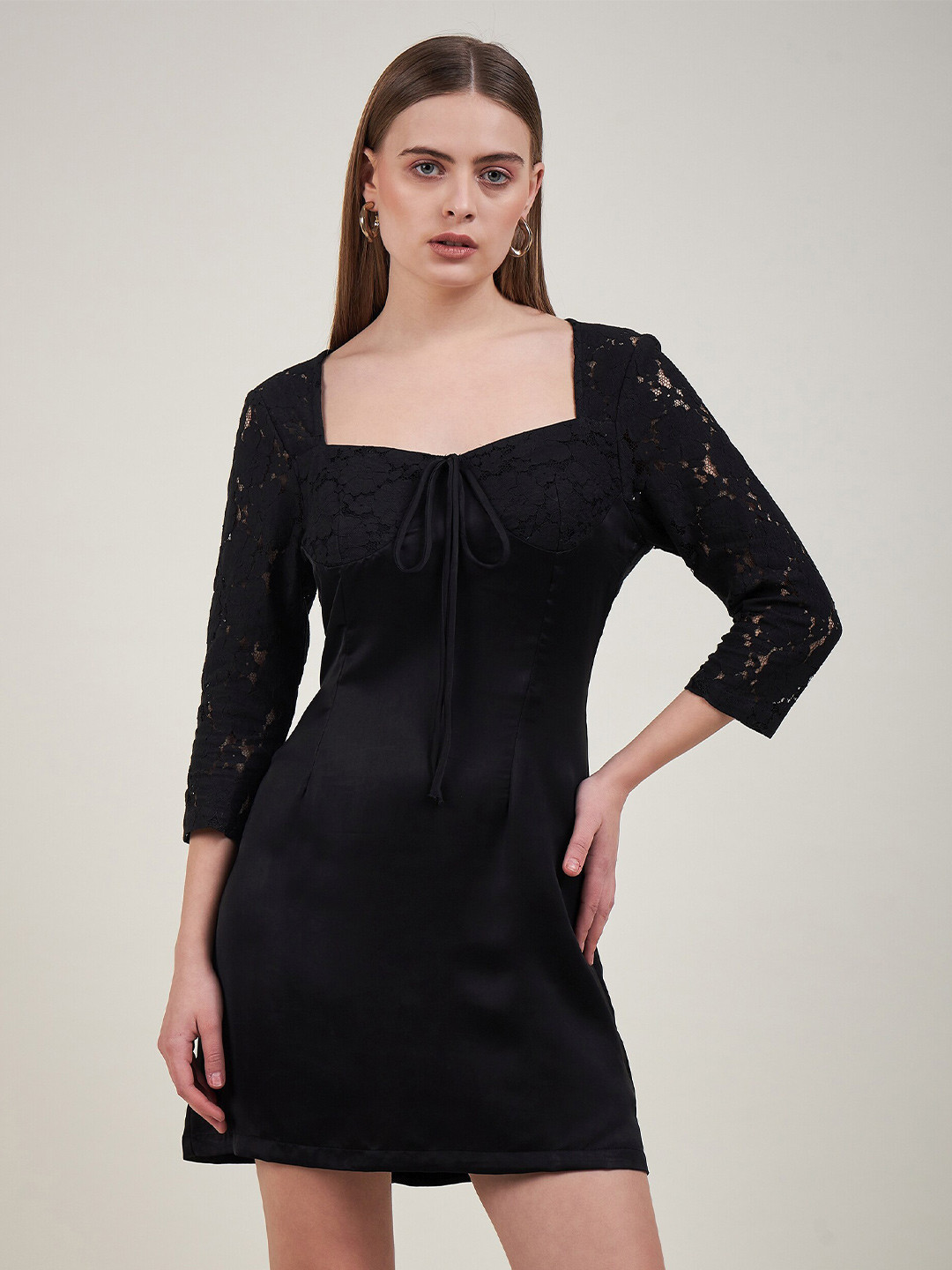 DELAN Lace Sleeves Satin Sheath Mini Dress