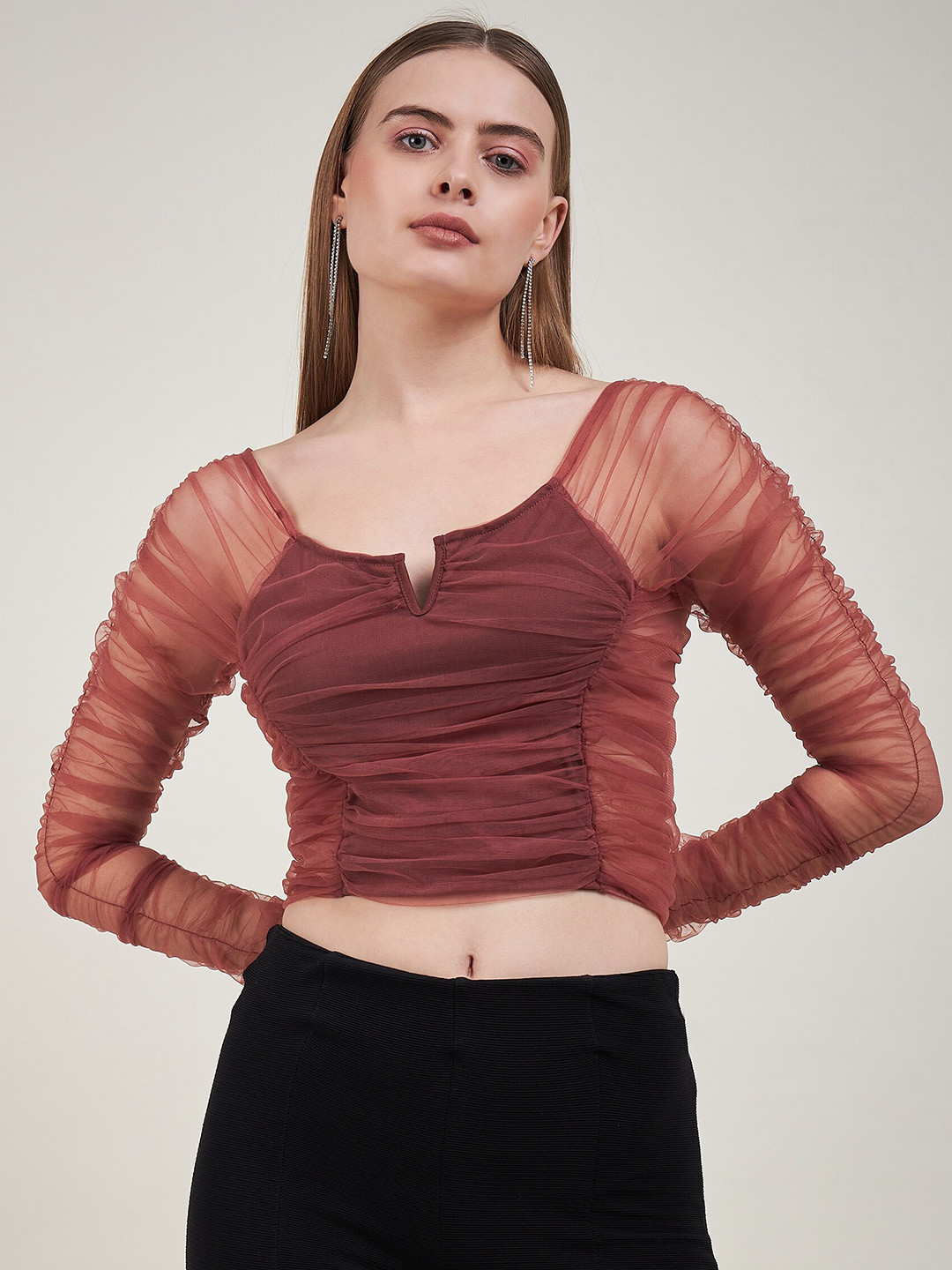 DELAN Extended Sleeves Net Fitted Crop Top