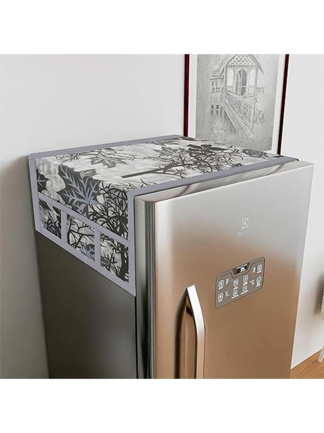 Dakshya Industries Black & Grey 3 Pieces Printed Fridge Top Cover With Handle Covers