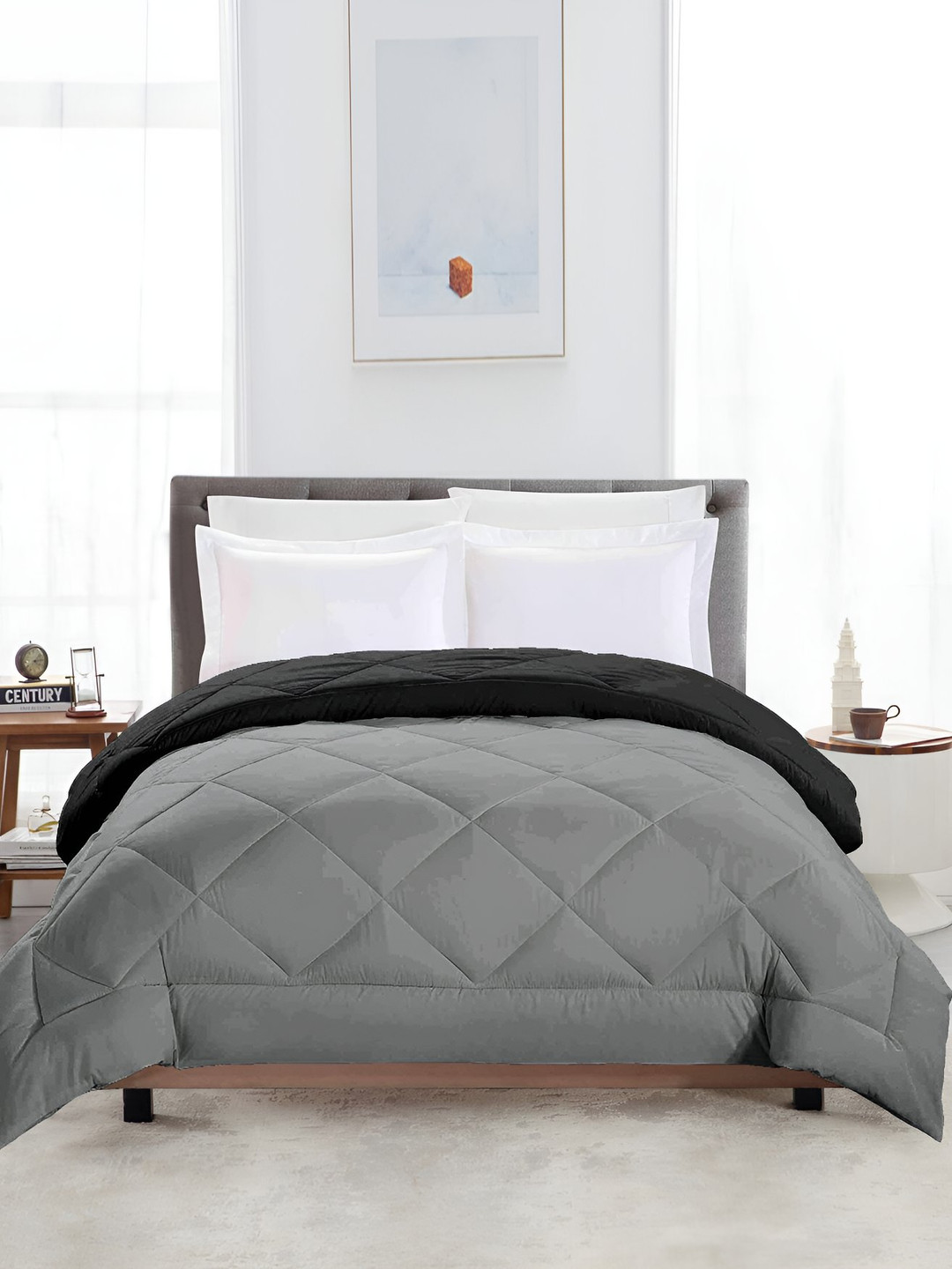 Jinaya's Black & Grey Quilted Heavy Winter 210 GSM Double Bed Reversible Comforter