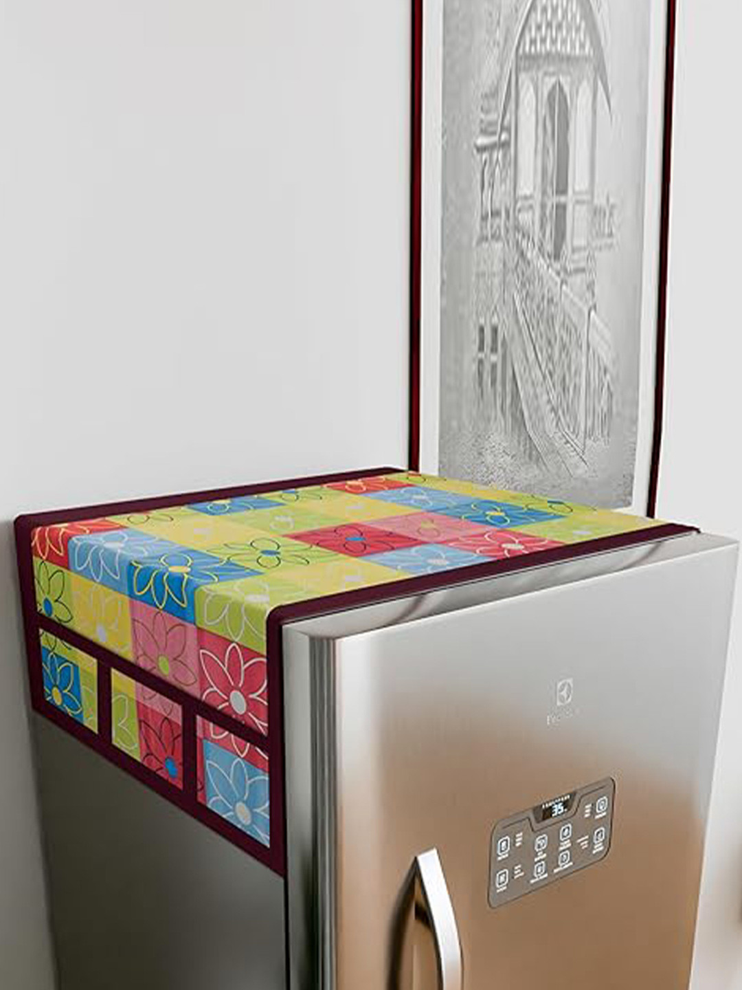 Dakshya Industries 3 Pieces Red Floral Printed Fridge Top Cover With Handle Covers