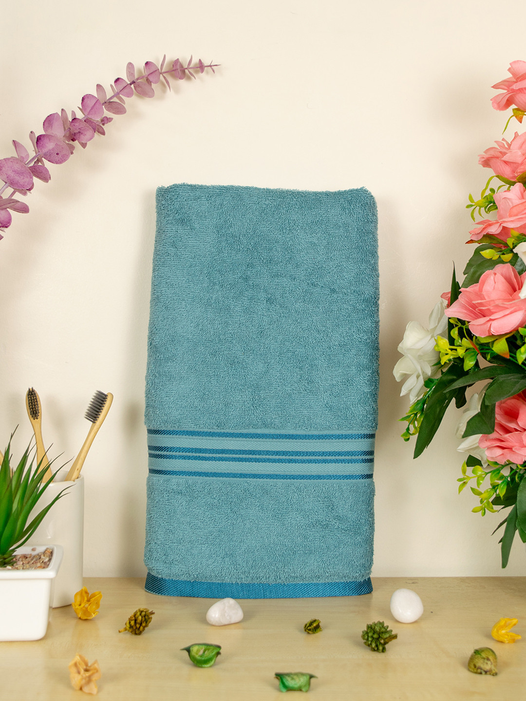Aura Turquoise Blue Solid Cotton 400GSM Super Soft Adult Thin Bath Towel-28x58In
