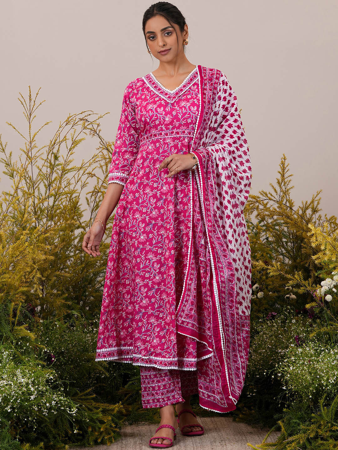 Libas Floral Printed Pleated Pure Cotton Kurta with Trousers & Dupatta