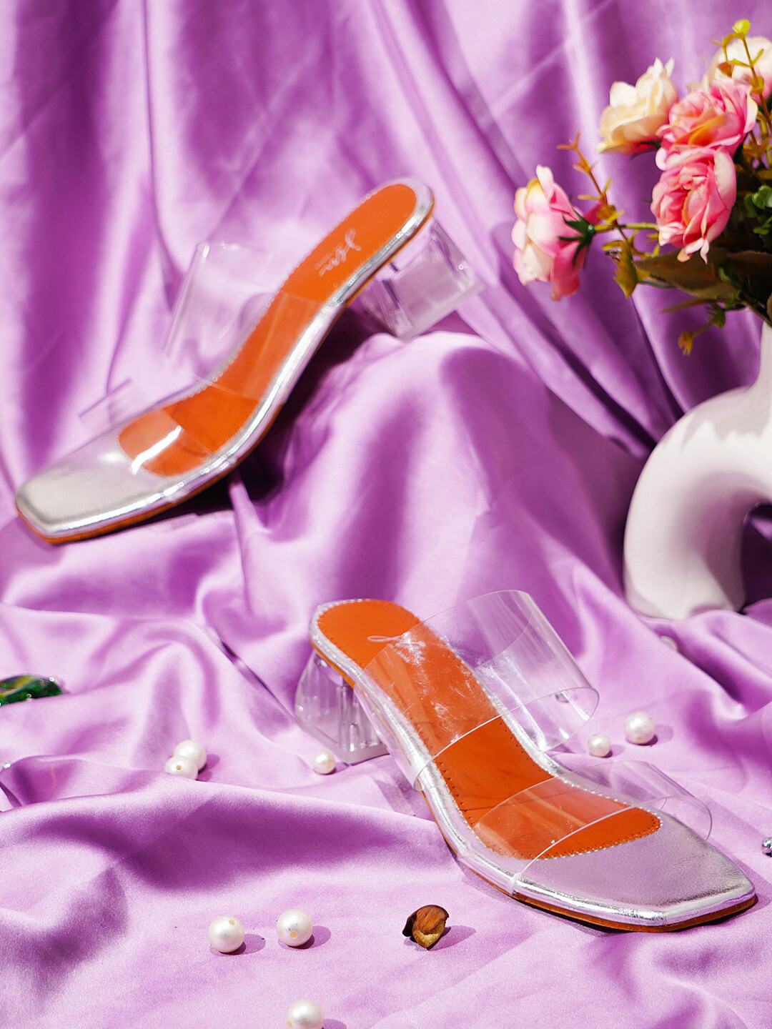 JM Looks Silver Open Toe Block Heels