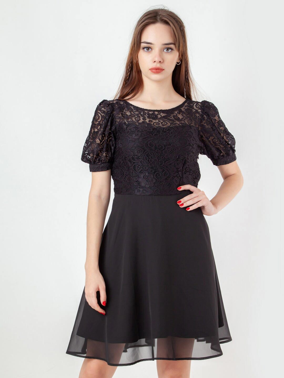 Zink London Round Neck Short Puff Sleeves Fit And Flare Dress