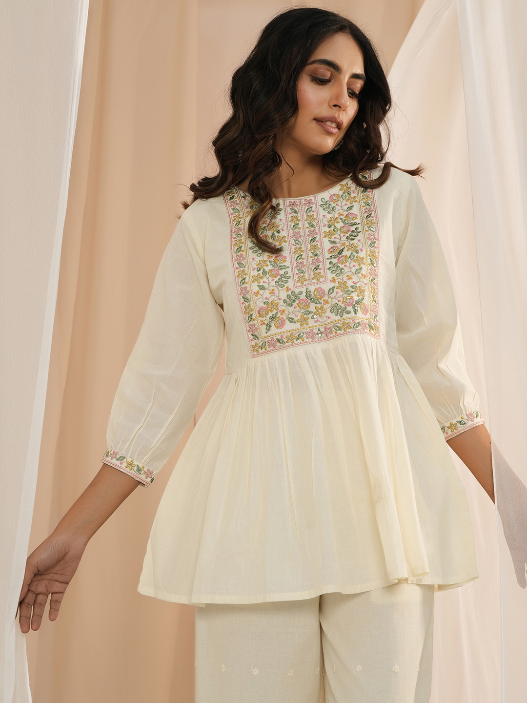 Buy Libas Floral Yoke Design Thread Work Pure Cotton Pleated A Line Kurti Kurtis for Women 26738558 Myntra