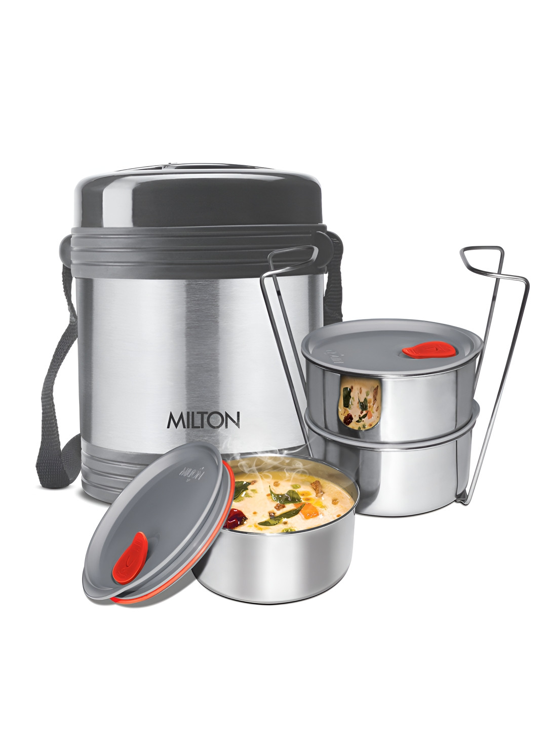 Milton Legend Deluxe Silver Toned & Black 4 Pieces Stainless Steel Tiffin Box 600 ml