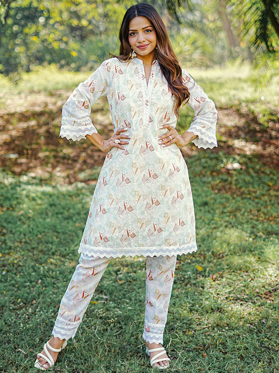 Gerua By Libas Women Cream-Coloured Floral Printed Regular Chikankari Kurta with Trousers